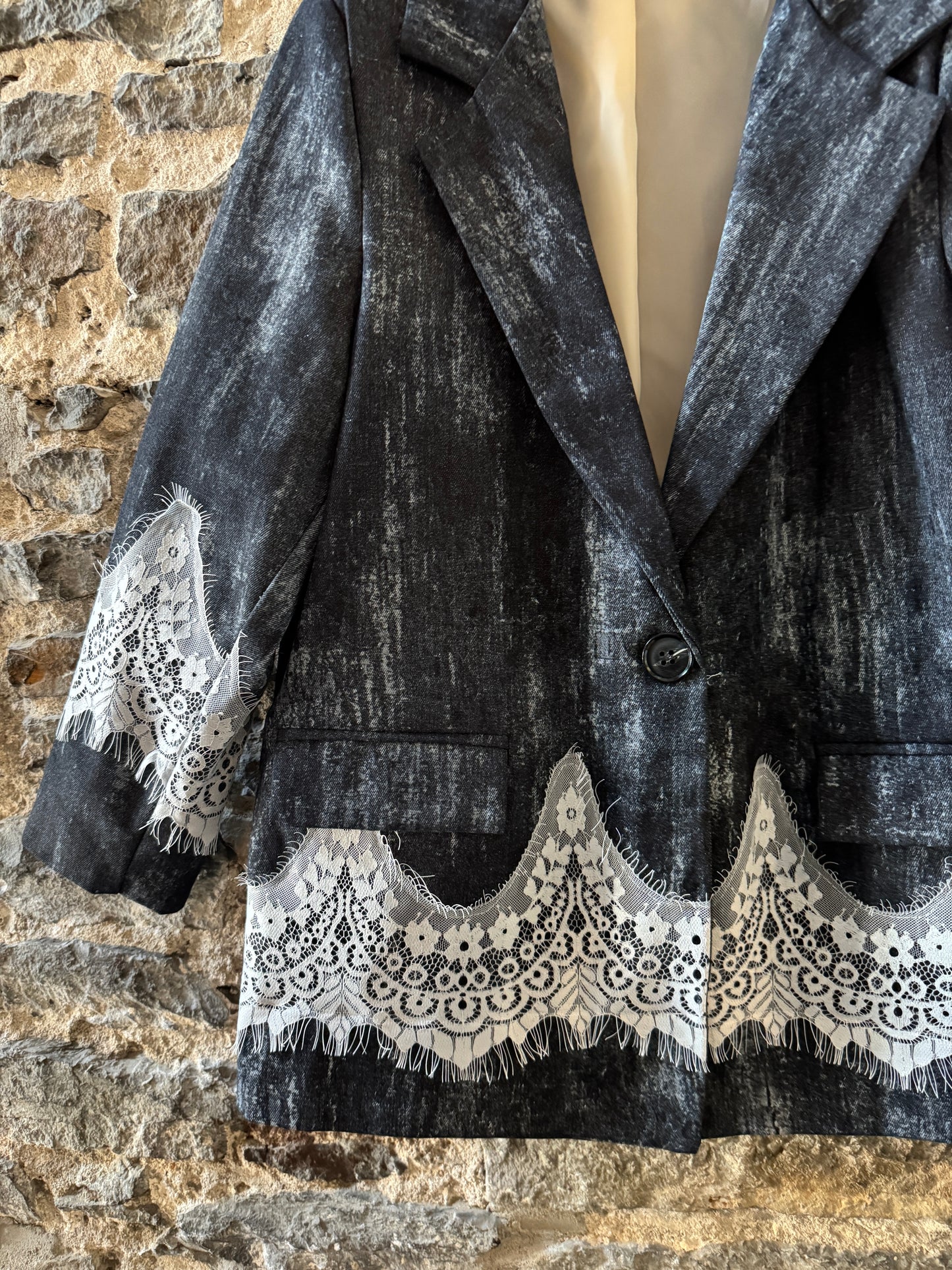 Black Denim Blazer with White Lace Details -Acid Wash