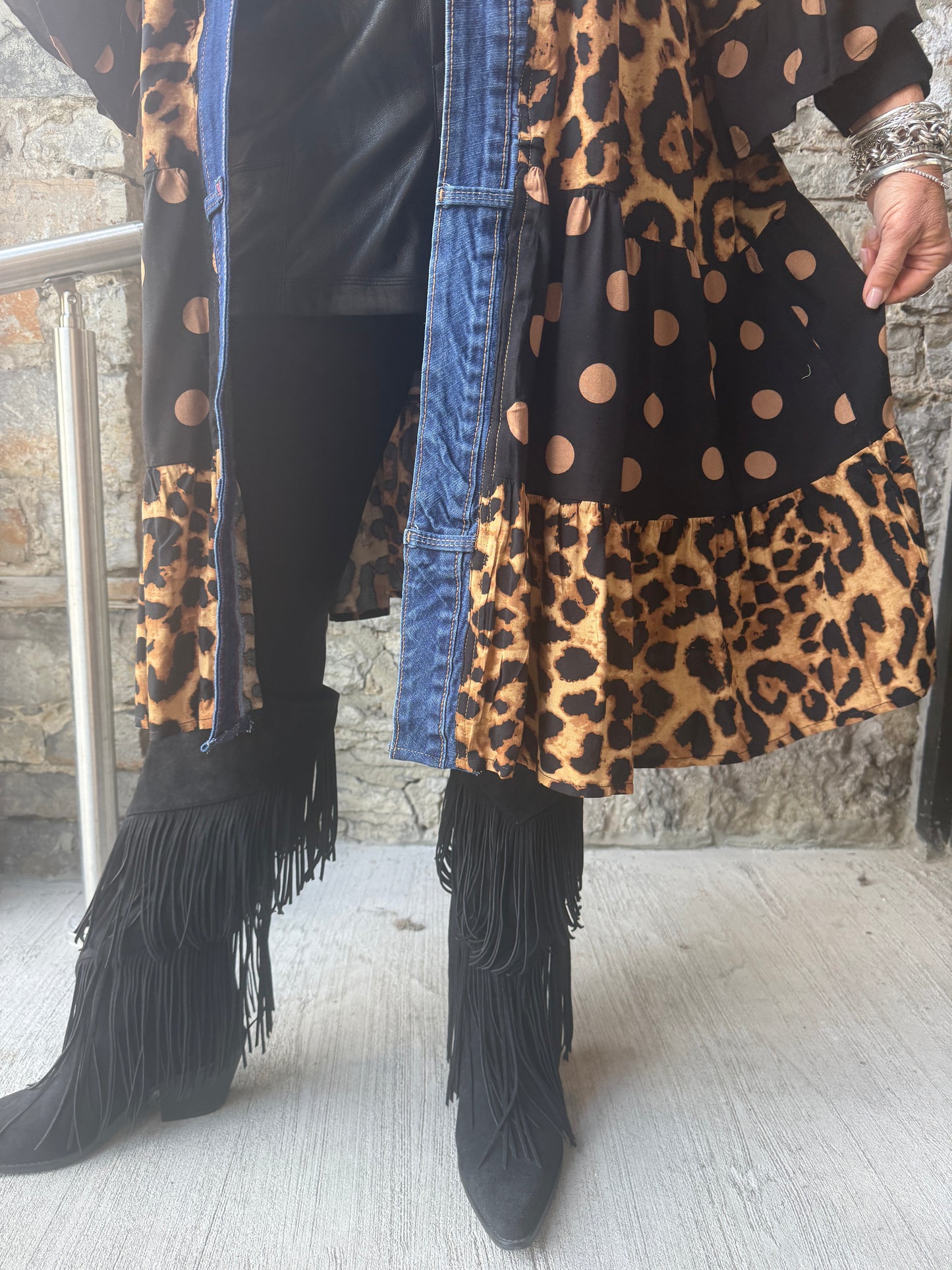 Animal Print Flounce Denim Trim Midi Cardigan