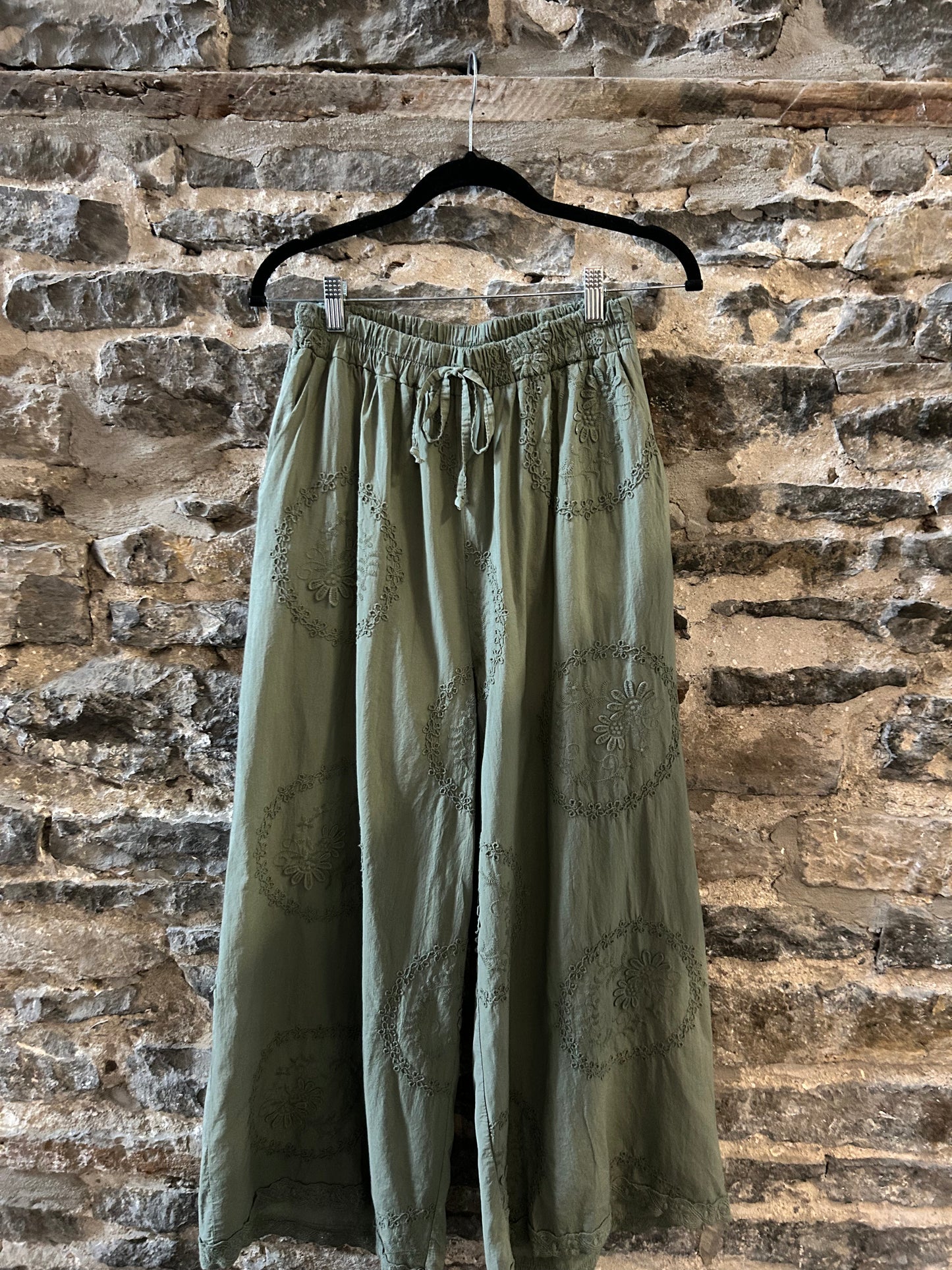 100% Cotton Boho Loose Wide Leg Pant with Pockets- Military Green