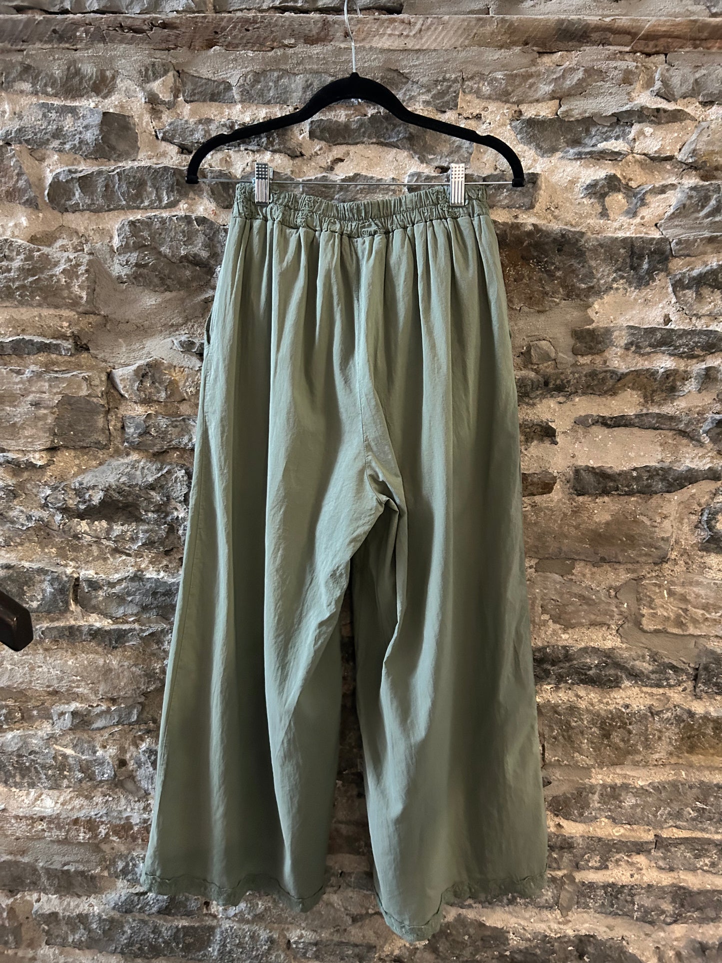 100% Cotton Boho Loose Wide Leg Pant with Pockets- Military Green