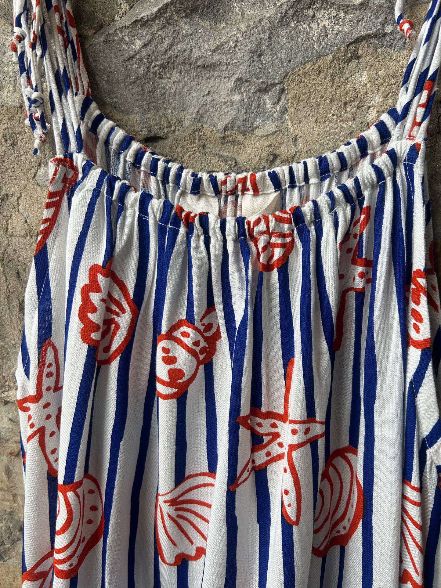 Blue and White Spaghetti Strap Striped Maxi Sundress POCKETS - Orange Sea Shell Pattern