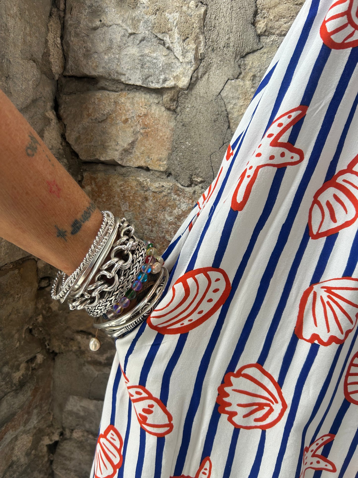 Blue and White Spaghetti Strap Striped Maxi Sundress POCKETS - Orange Sea Shell Pattern