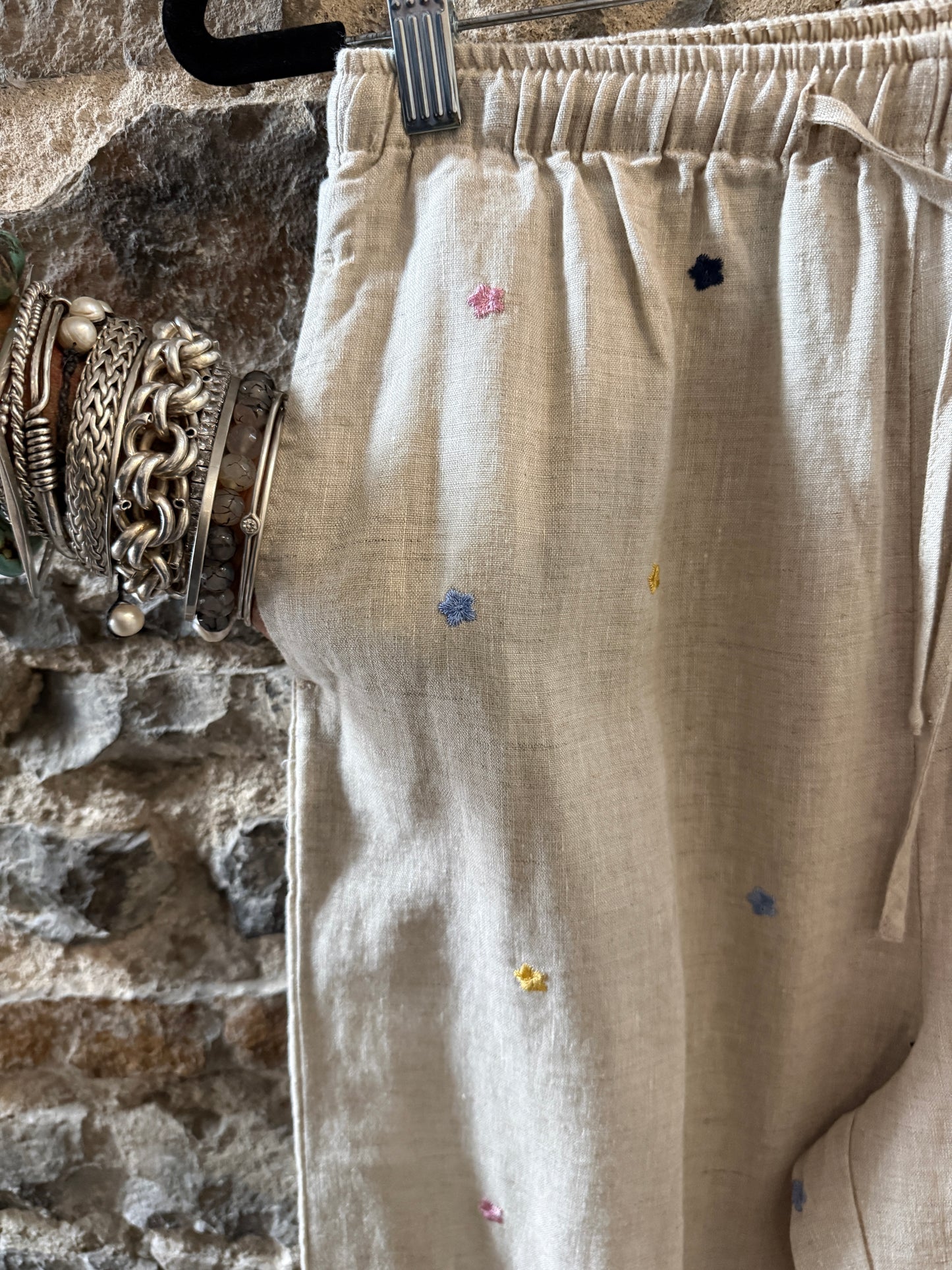 100% Linen Relaxed Pant with Pockets- Natural with Multi Colour Embroidery