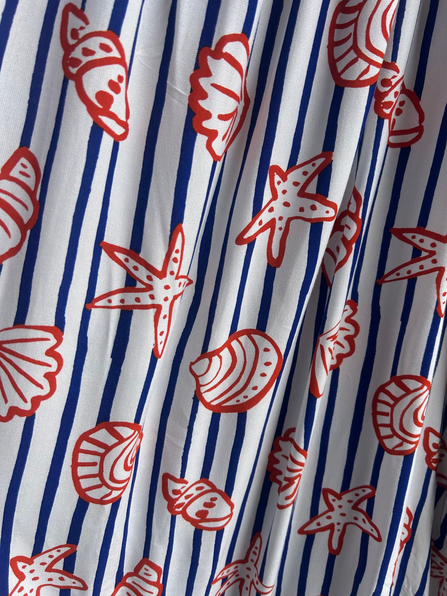 Blue and White Spaghetti Strap Striped Maxi Sundress POCKETS - Orange Sea Shell Pattern