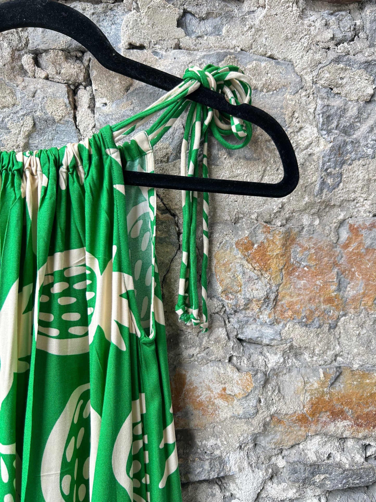 Emerald Green Spaghetti Strap Maxi Sundress POCKETS - Beige Pineapple Pattern