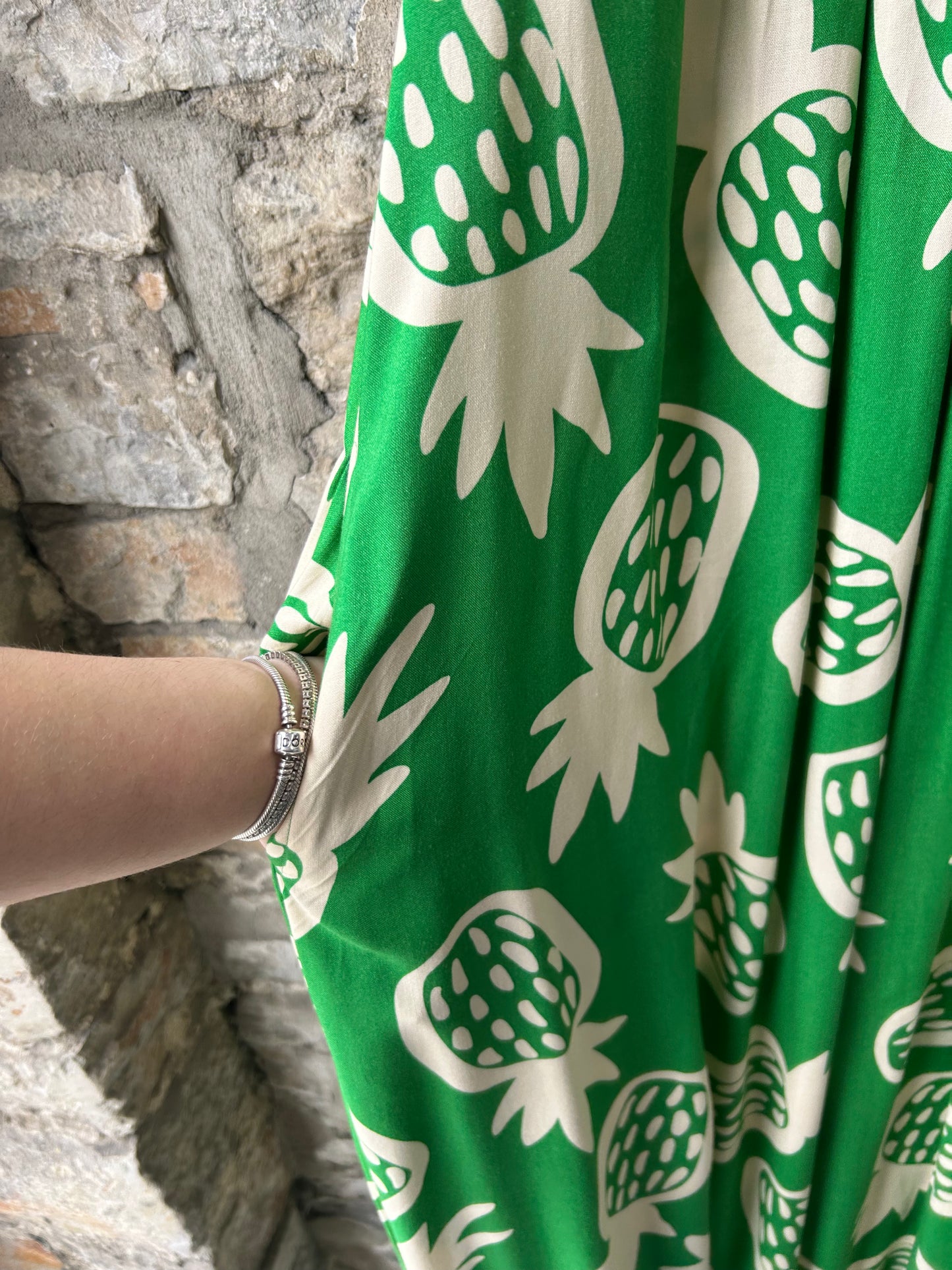 Emerald Green Spaghetti Strap Maxi Sundress POCKETS - Beige Pineapple Pattern