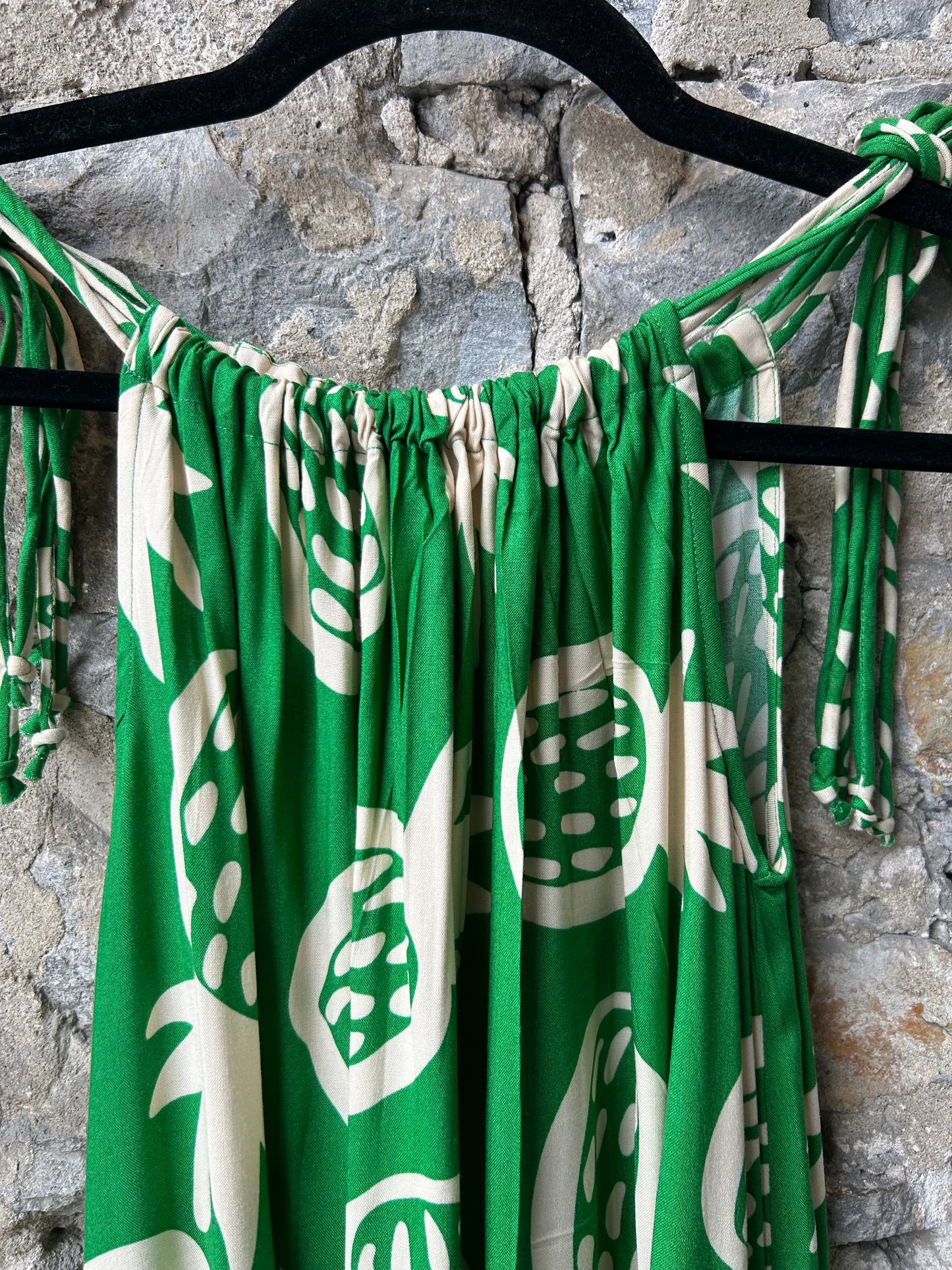 Emerald Green Spaghetti Strap Maxi Sundress POCKETS - Beige Pineapple Pattern