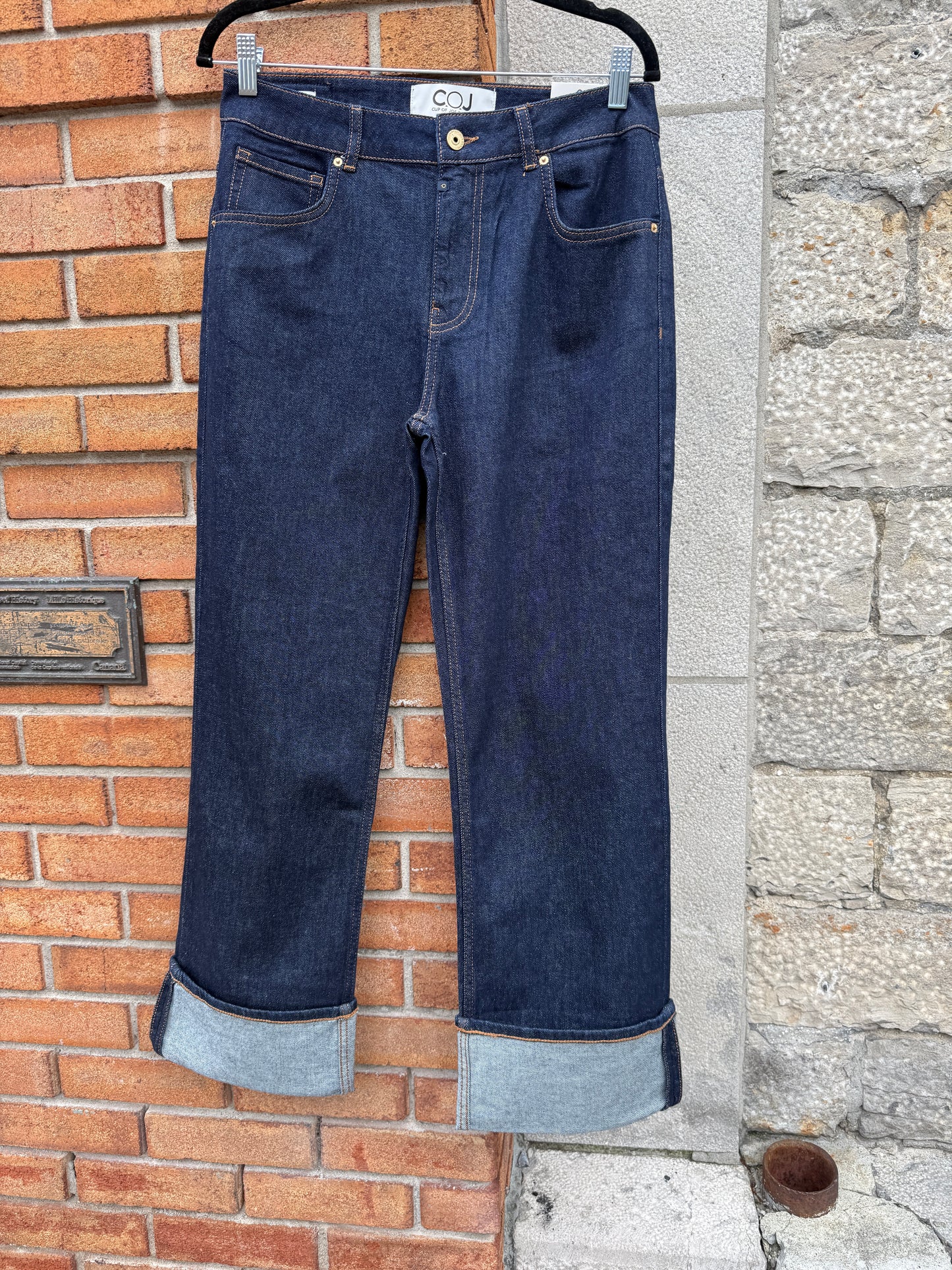 Mid Waist Straight Leg Cuffed Jean- DARK DENIM