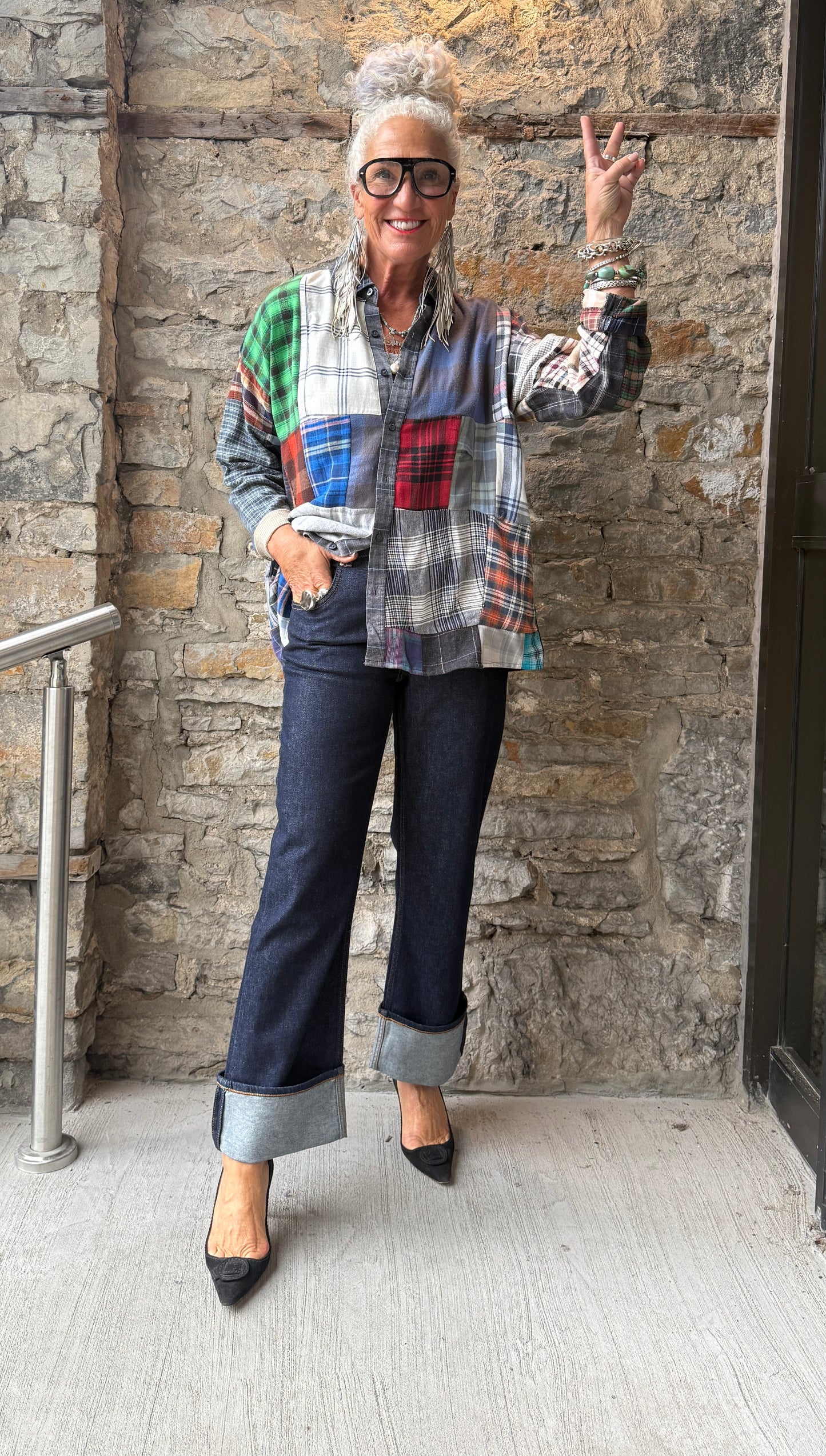 Mid Waist Straight Leg Cuffed Jean- DARK DENIM