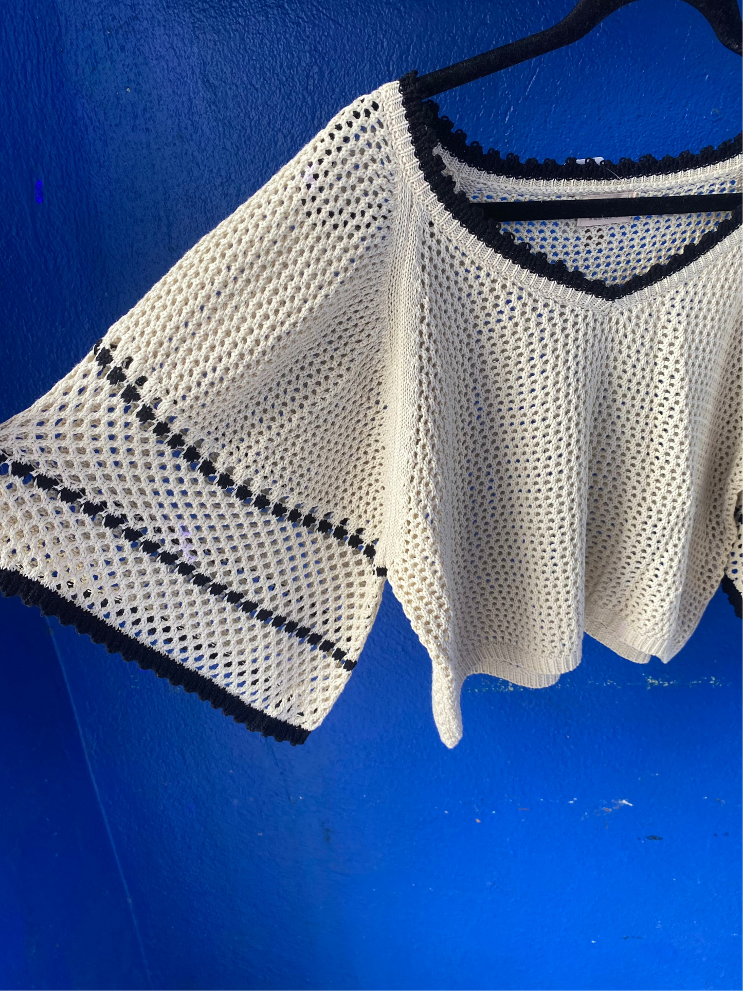Oversized knit sweater with black trim- Cream and Black