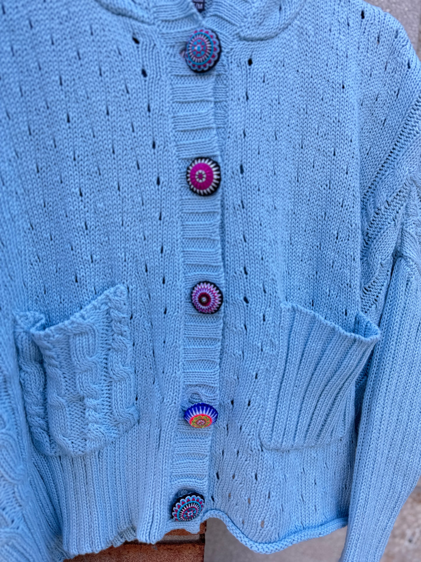 100% Cotton hoody cardigan with bright coloured buttons- ICE BLUE