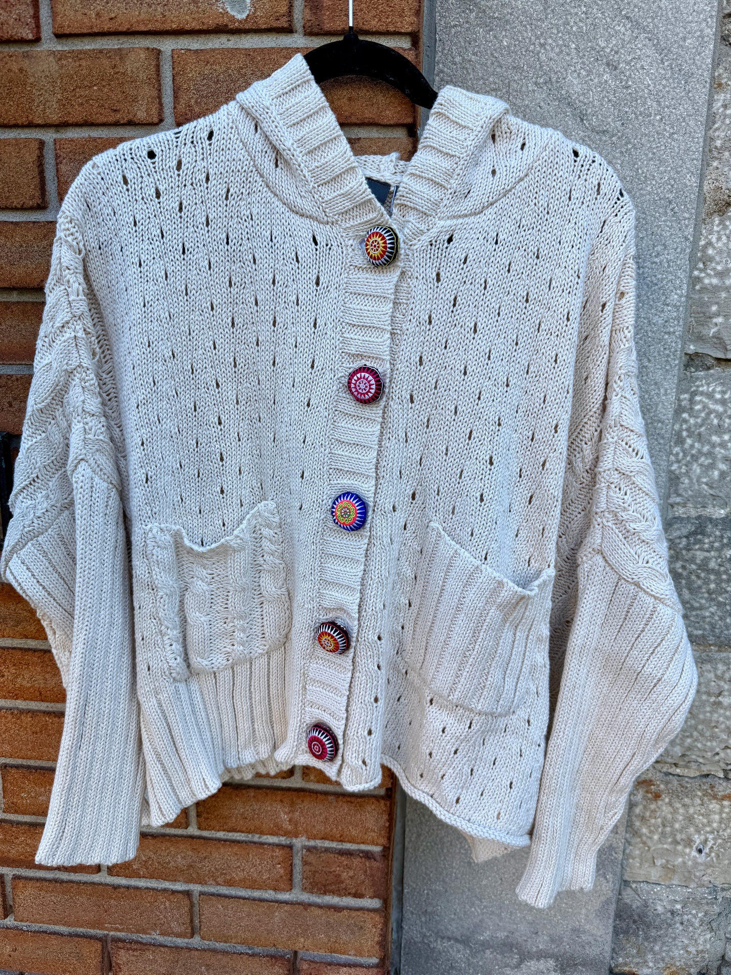 100% Cotton hoody cardigan with bright coloured buttons- BEIGE