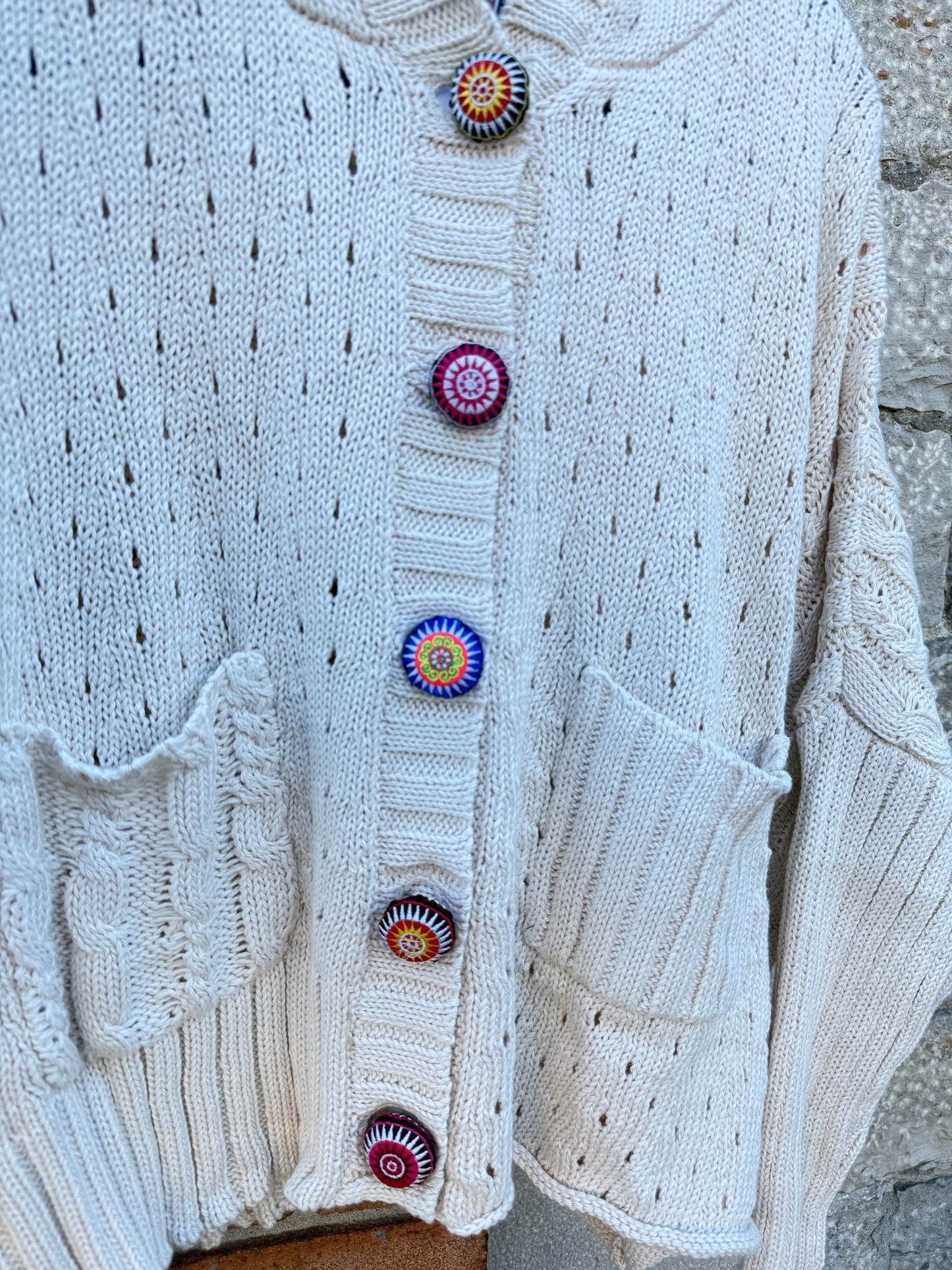 100% Cotton hoody cardigan with bright coloured buttons- BEIGE