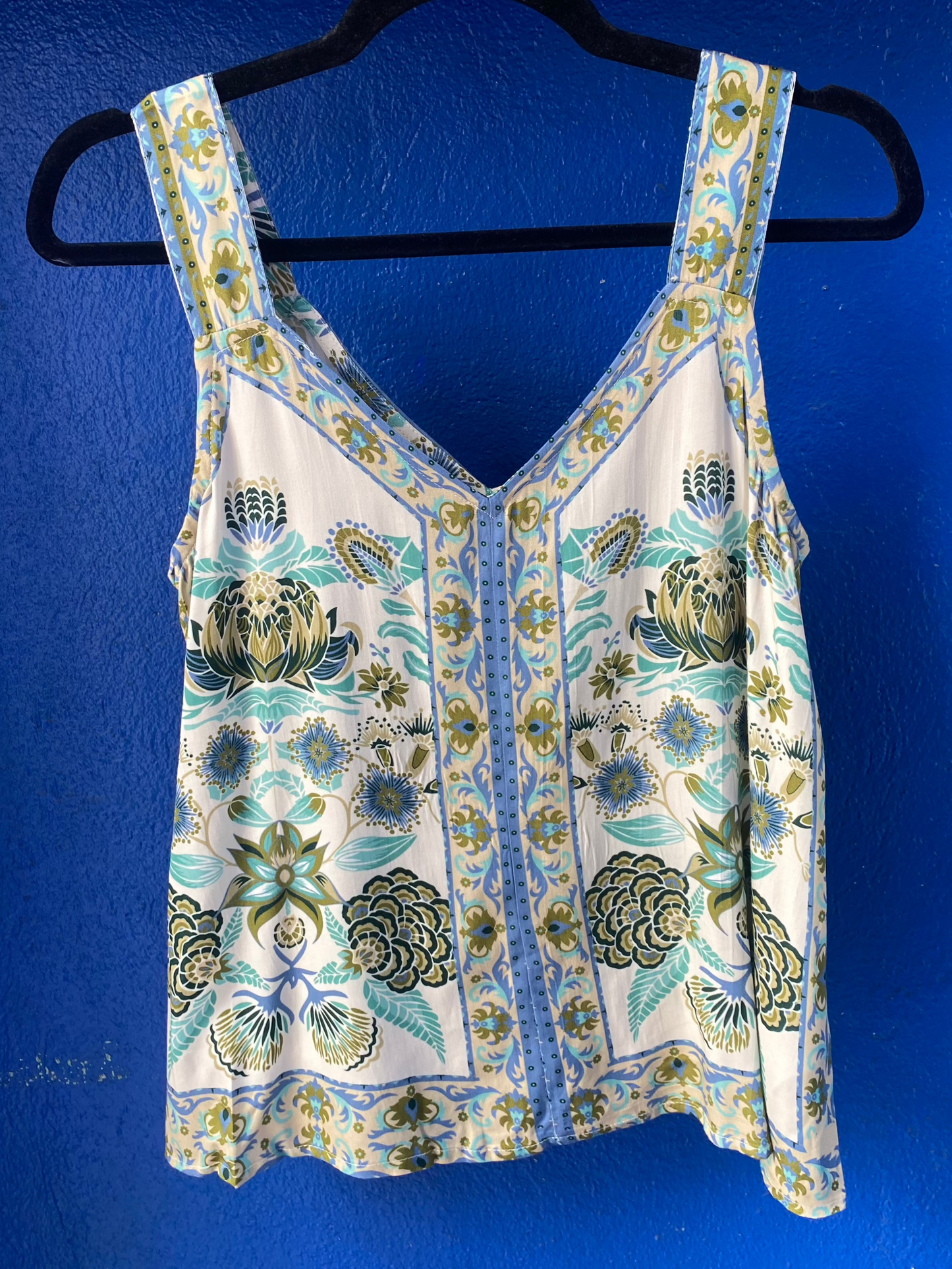 Green and Blue Wildflower Printed V-neck Top with Wide Straps