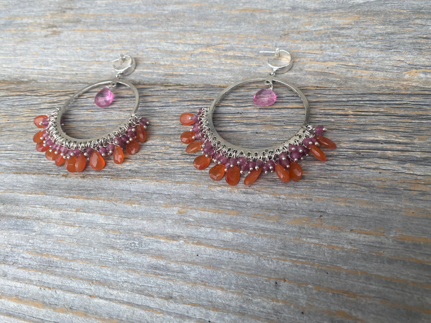 Handmade in Canada Chandelier Hoop Earrings with Semi Precious Stones -Tourmaline and Carnelian