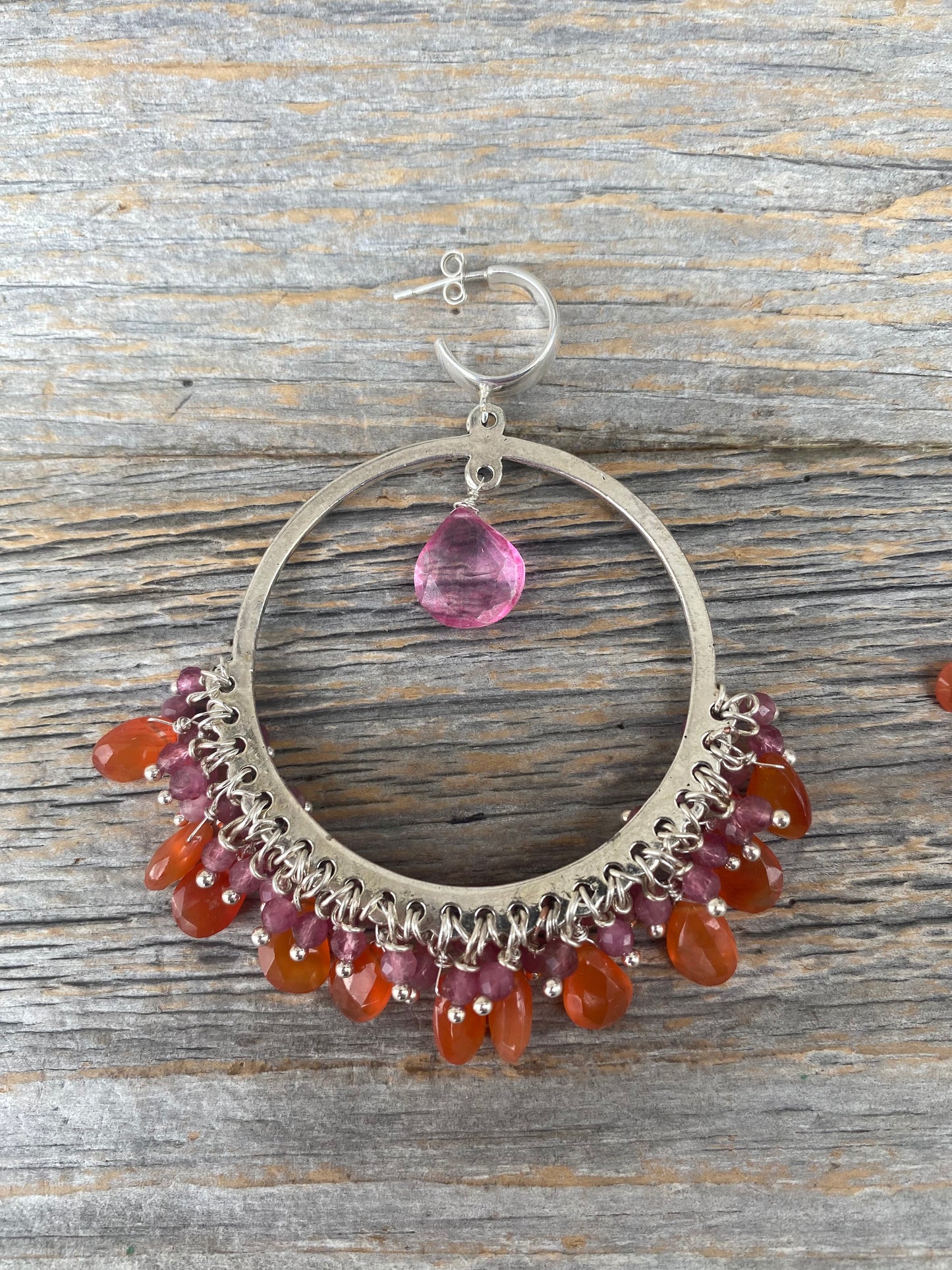 Handmade in Canada Chandelier Hoop Earrings with Semi Precious Stones -Tourmaline and Carnelian