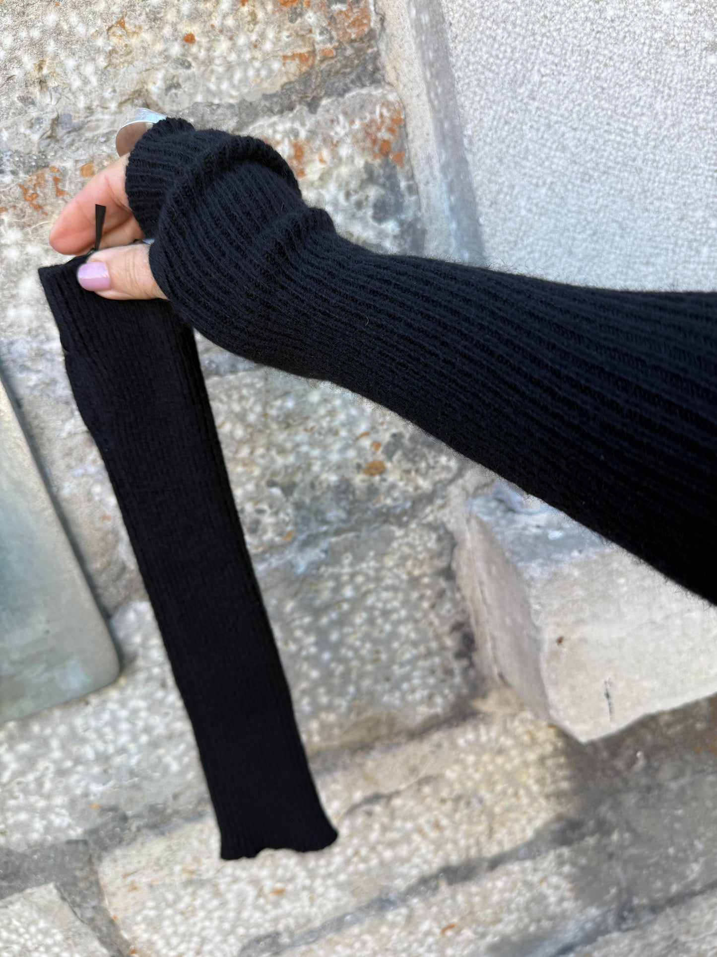 Crew Neck Sweater with fingerless sleeve- BLACK