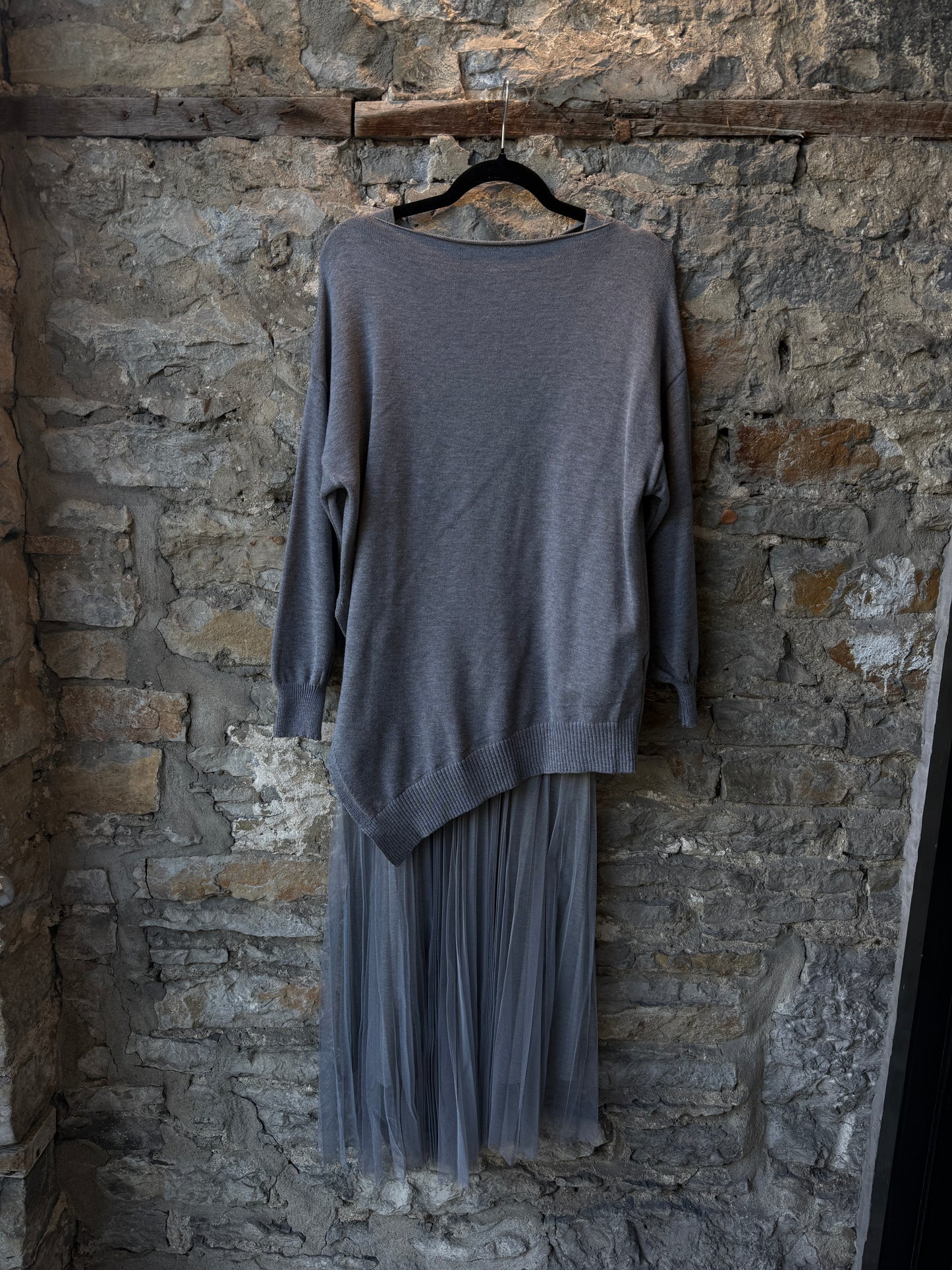 Oversized Sweater and Tulle Tank Dress with accordion pleats 2pc Set GREY