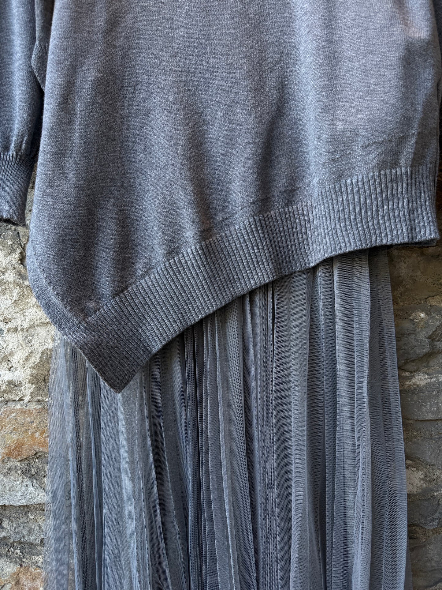 Oversized Sweater and Tulle Tank Dress with accordion pleats 2pc Set GREY
