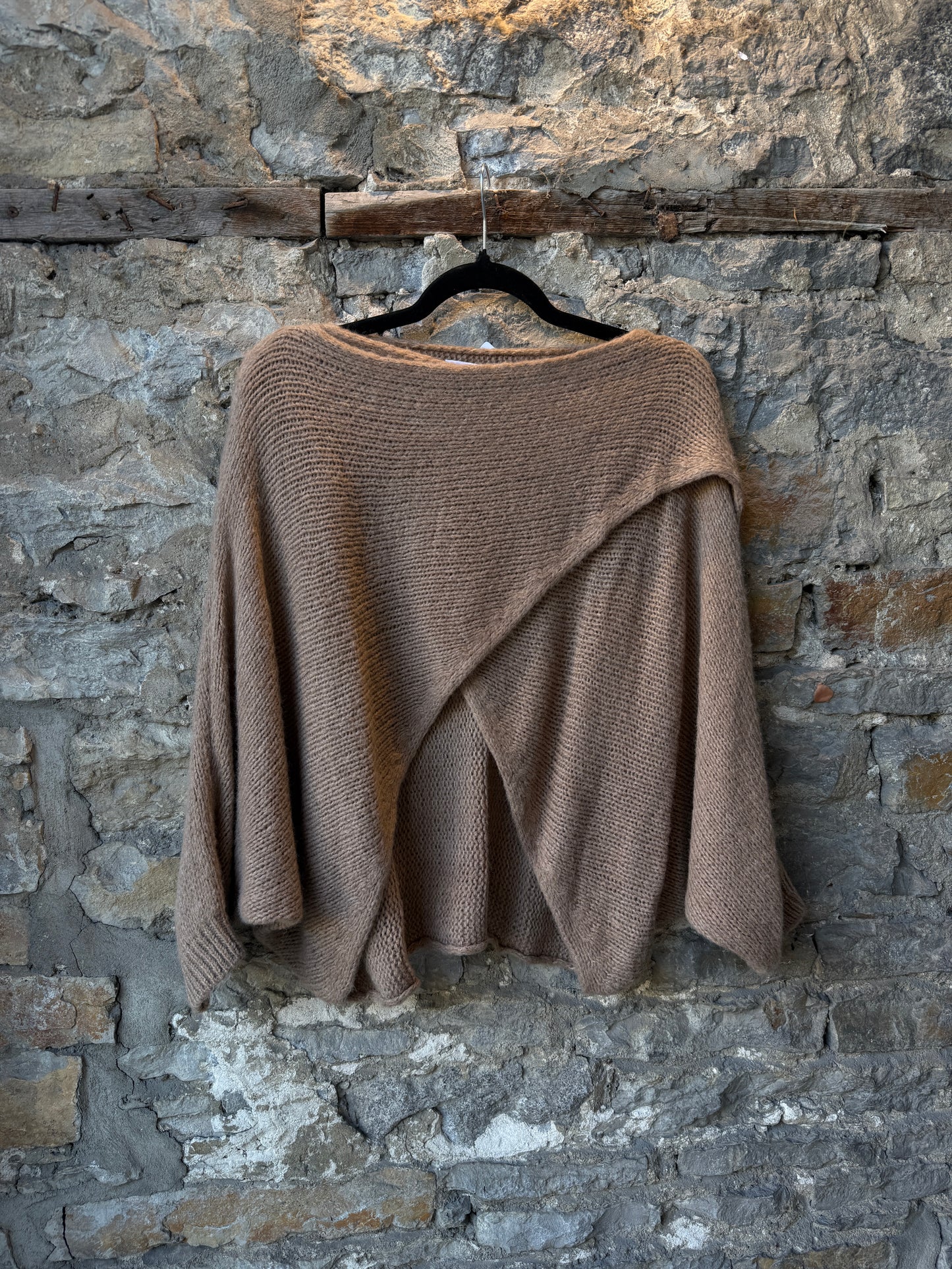 Wide Neck Cross Front Oversized Knit Sweater- TAN