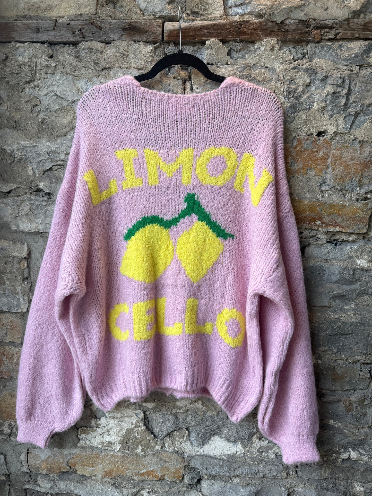 Oversized Knit Cardigan with Lemon Cello Motif- PINK