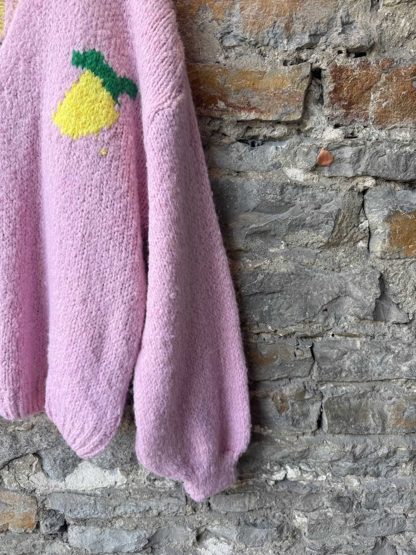 Oversized Knit Cardigan with Lemon Cello Motif- PINK