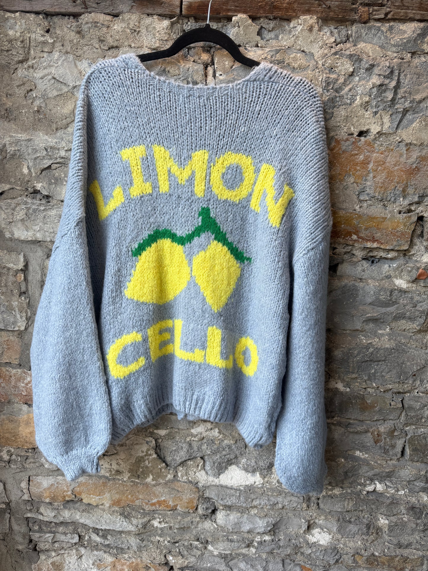 Oversized Knit Cardigan with Lemon Cello Motif- Blue Soft Grey Melange