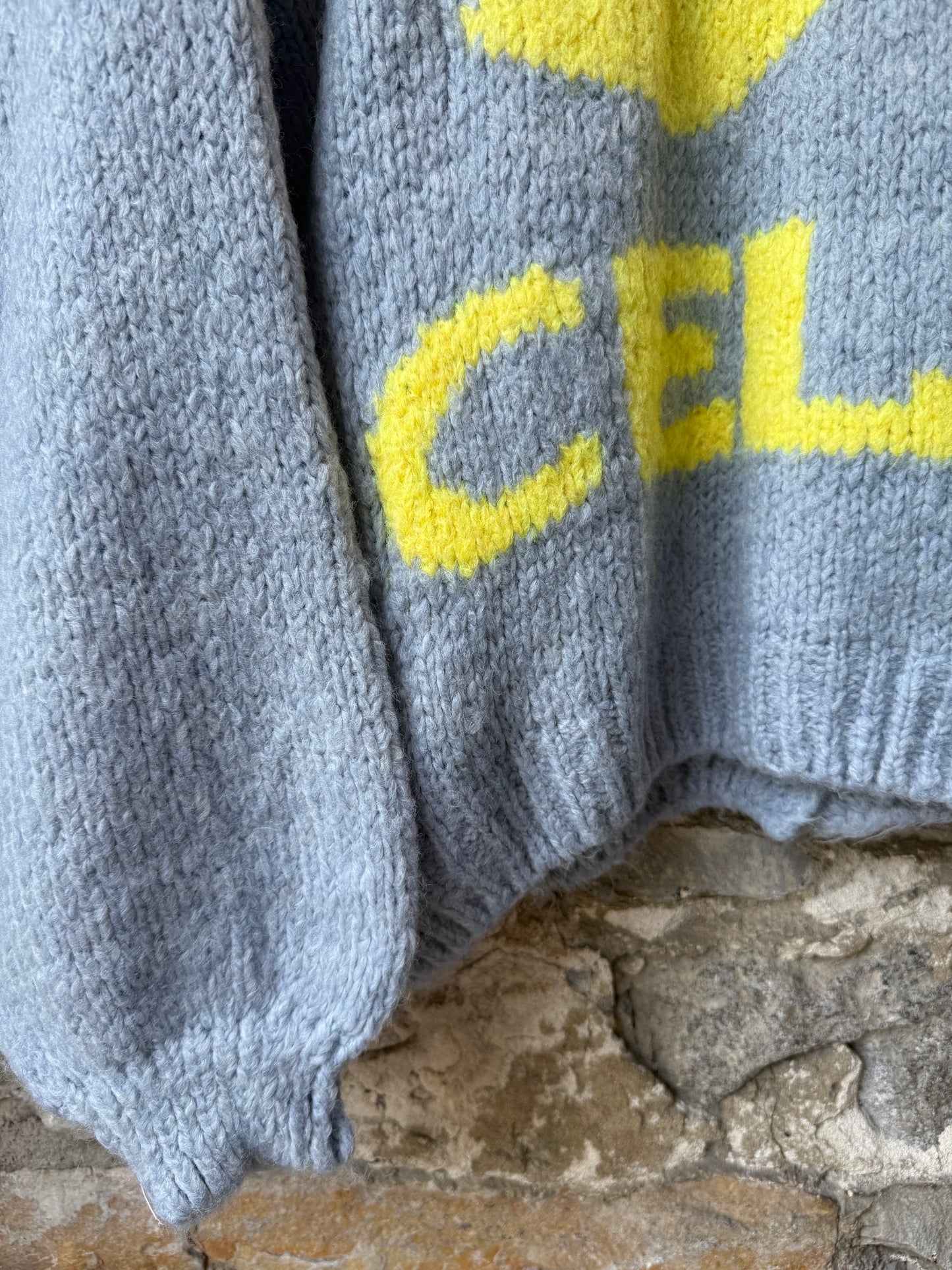 Oversized Knit Cardigan with Lemon Cello Motif- Blue Soft Grey Melange