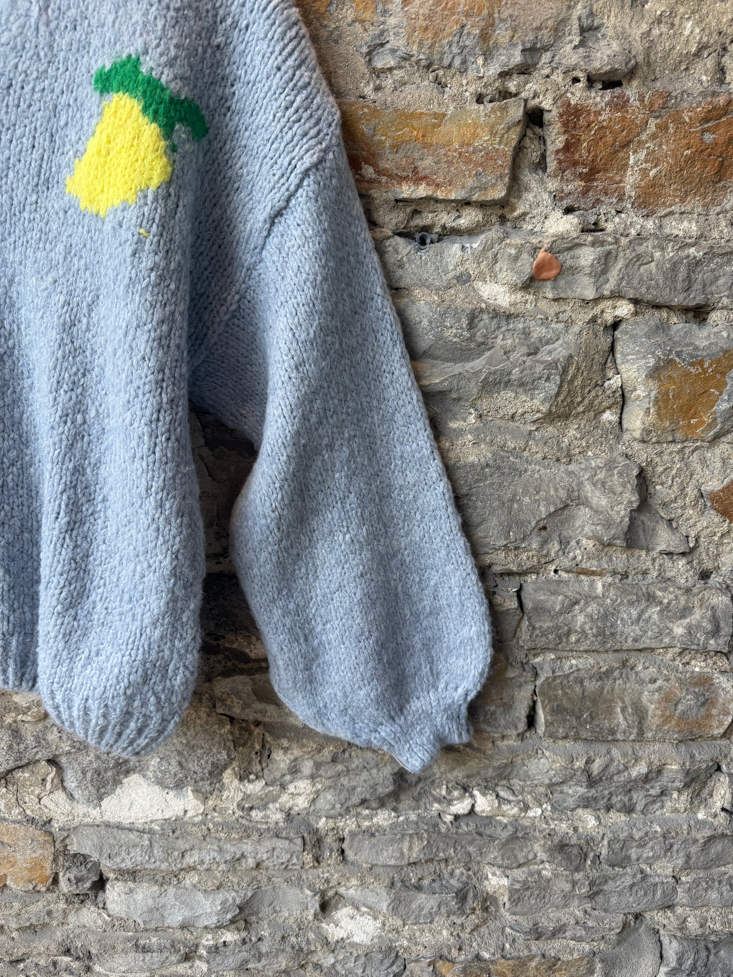 Oversized Knit Cardigan with Lemon Cello Motif- Blue Soft Grey Melange