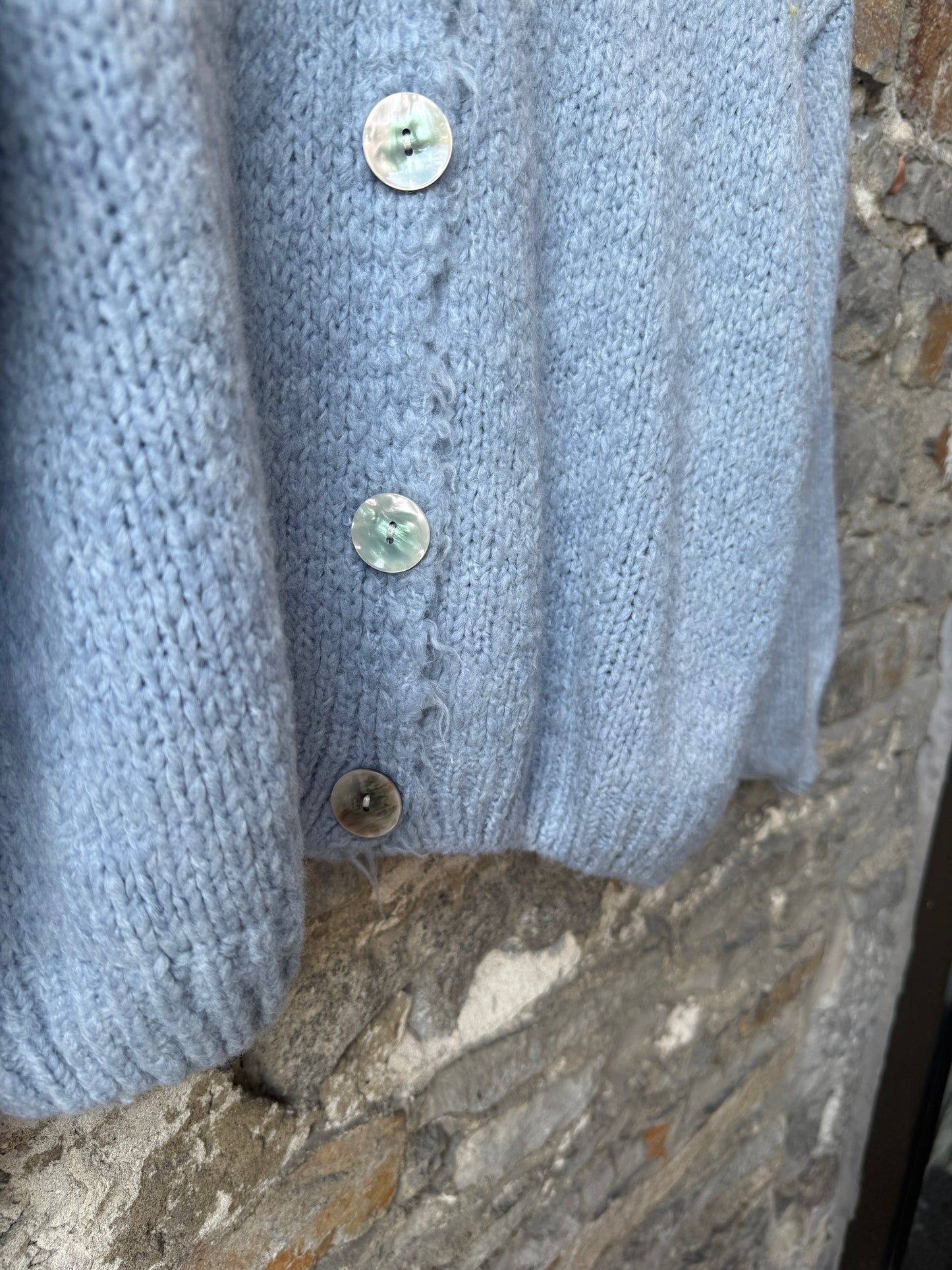 Oversized Knit Cardigan with Lemon Cello Motif- Blue Soft Grey Melange