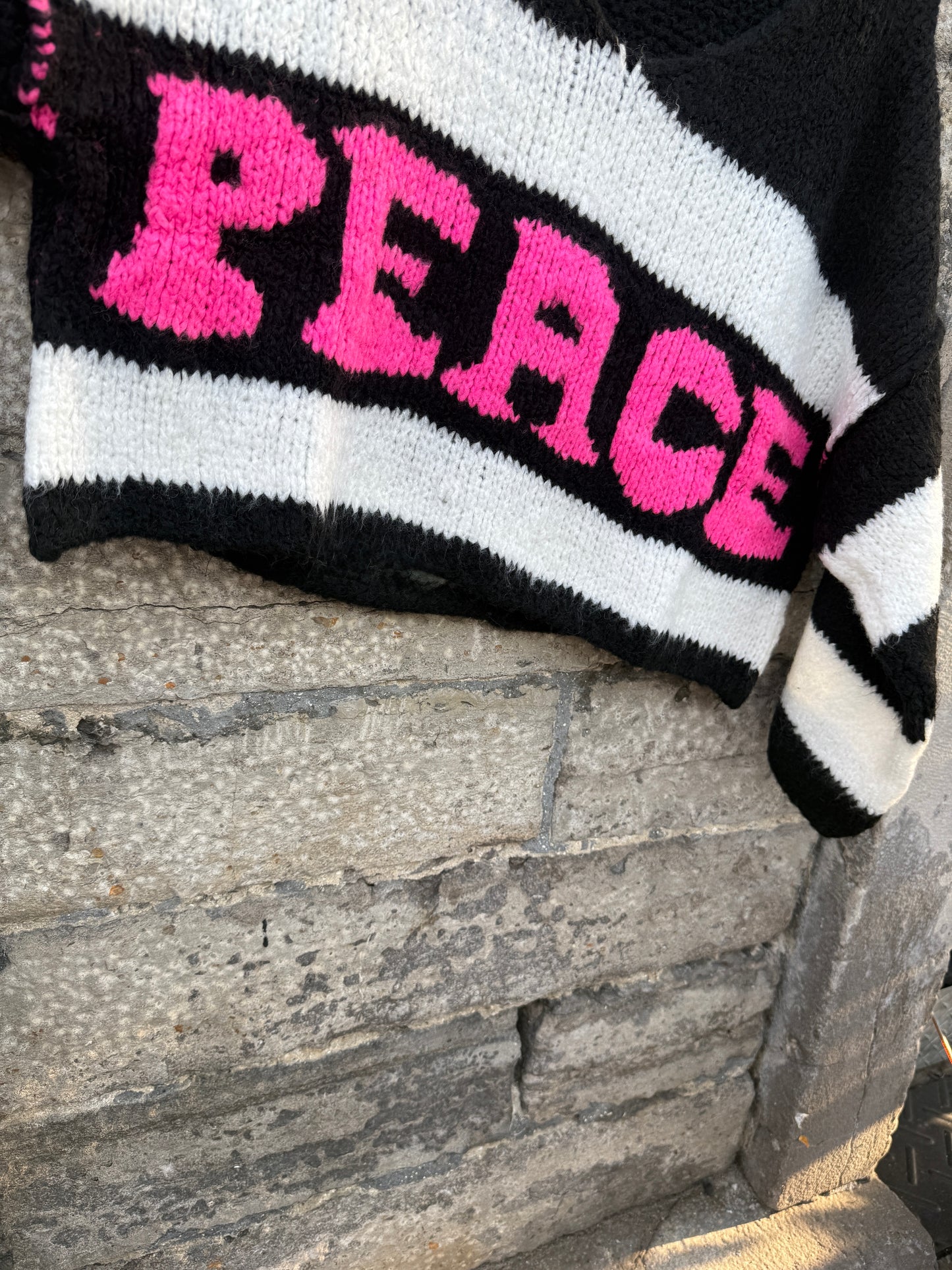 Black and White Stripe V neck Sweater with Peace HOT PINK