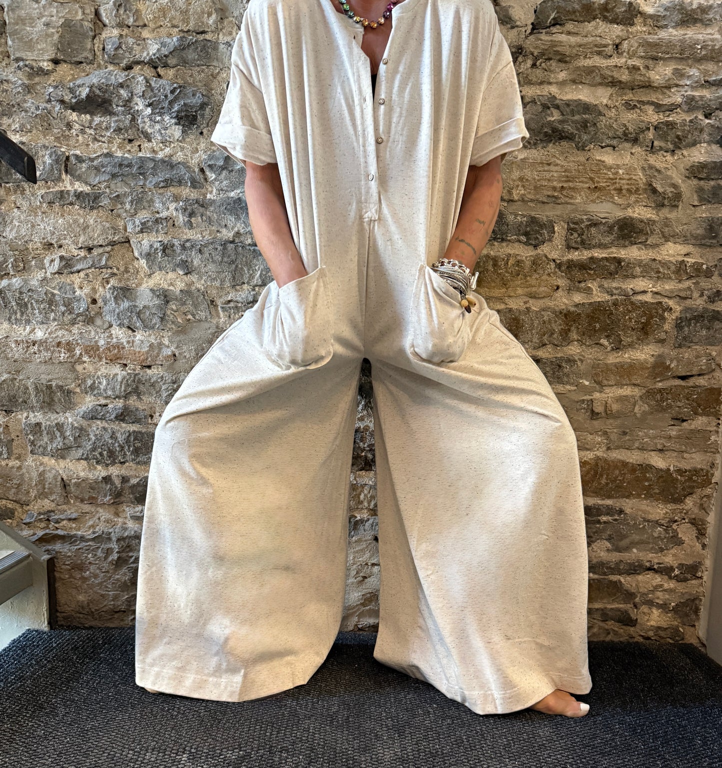 100% Cotton Speckled Oatmeal Relaxed Fit Wide Leg Jumpsuit