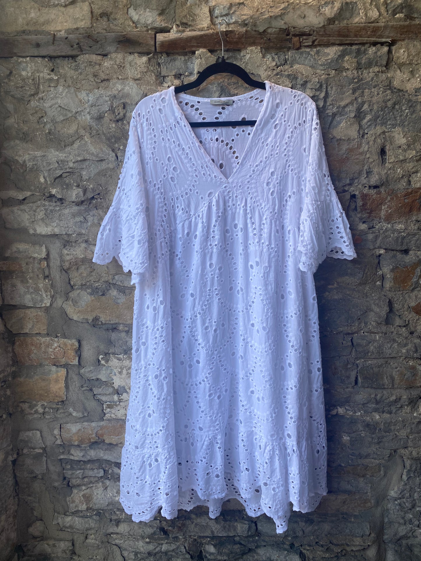 White Lined Eyelet Dress With Flounce