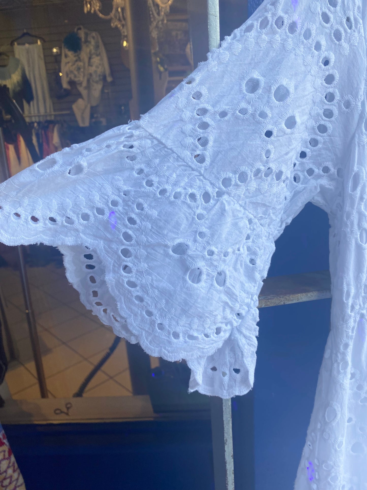 White Lined Eyelet Dress With Flounce