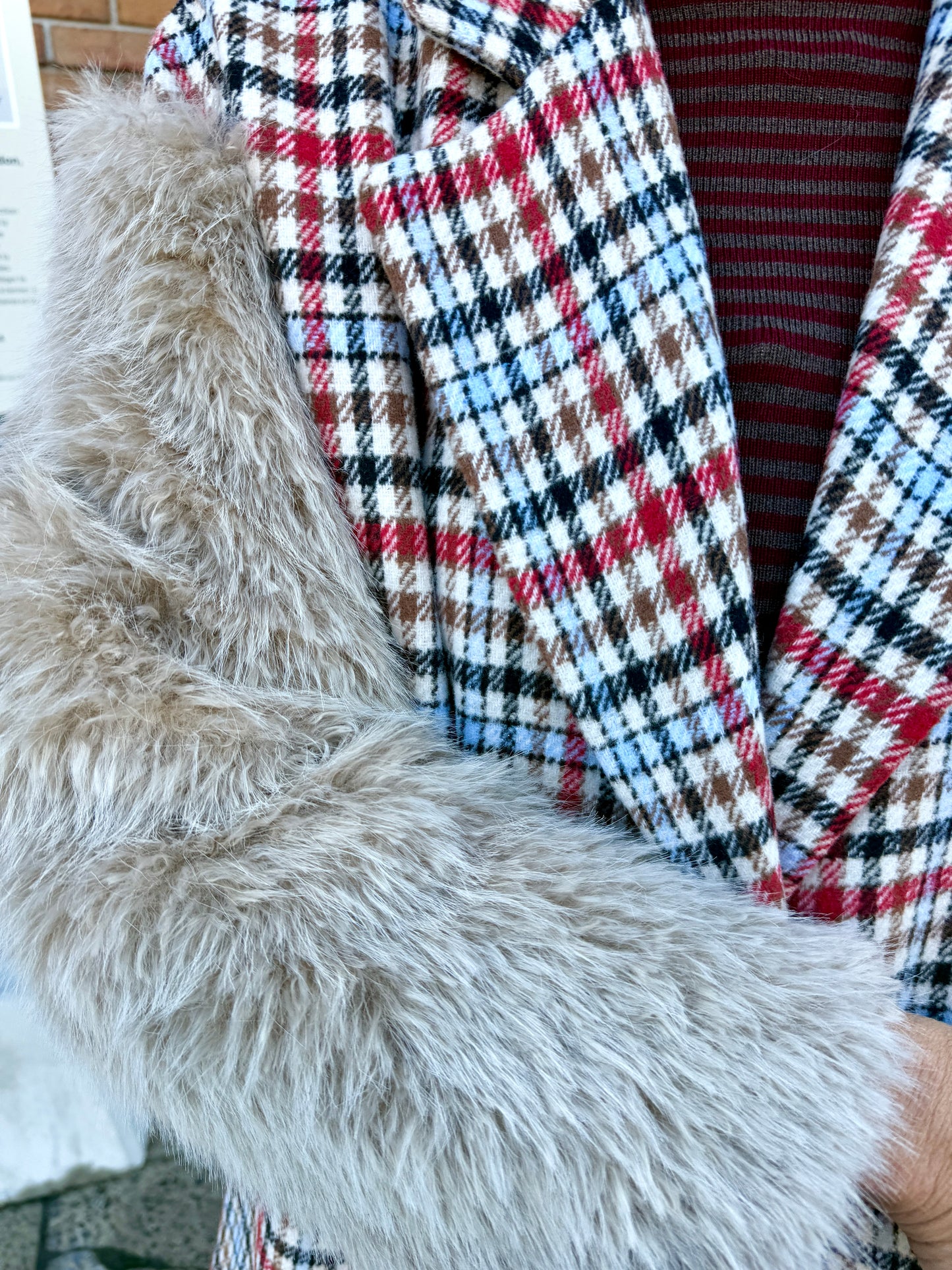 Plaid Peacoat Jacket with Faux Fur Sleeves