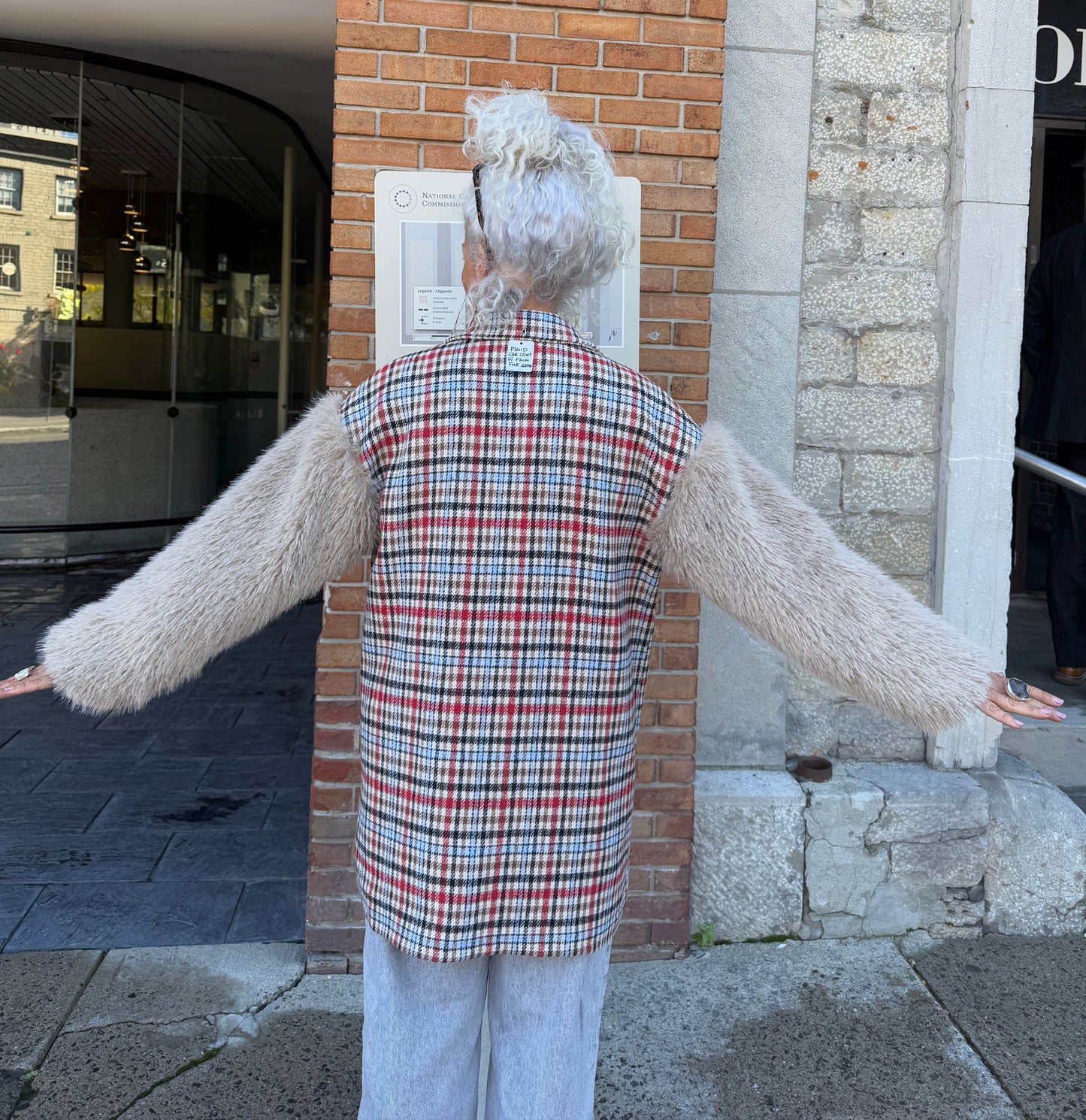 Plaid Peacoat Jacket with Faux Fur Sleeves
