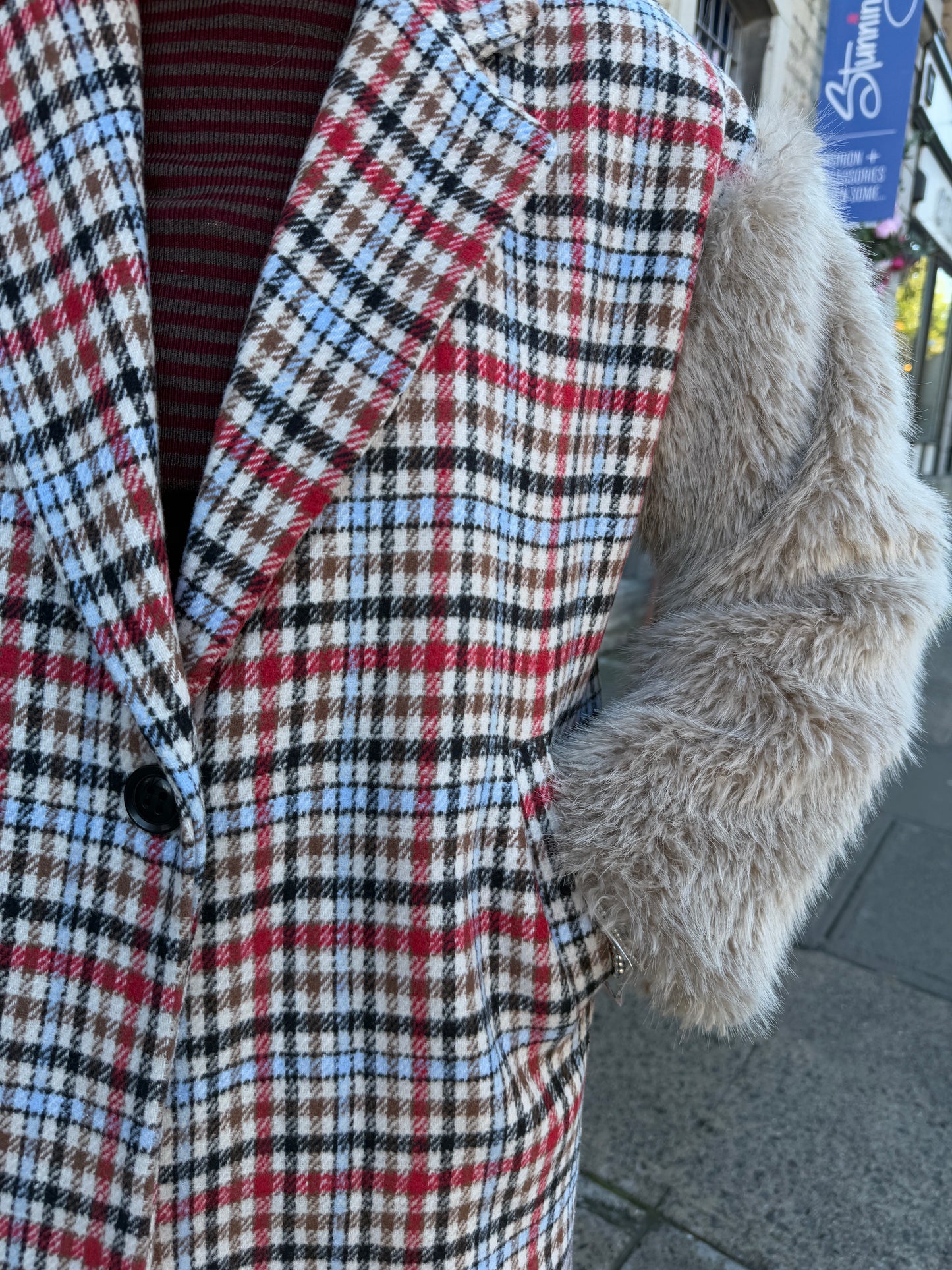Plaid Peacoat Jacket with Faux Fur Sleeves