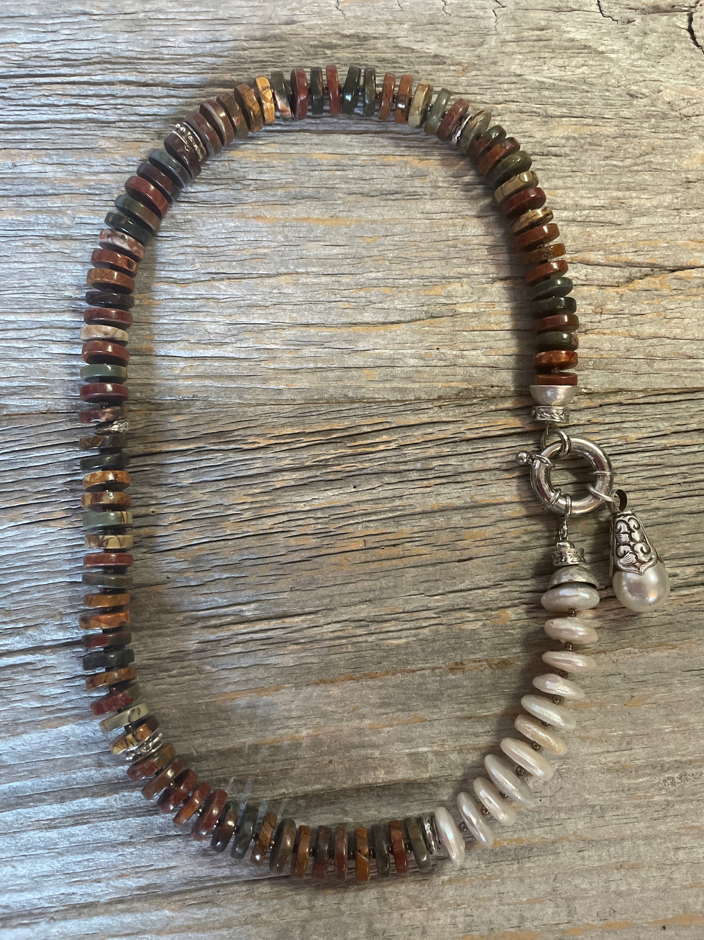 18" one of a kind made in Canada semi precious jasper and biwa pearl necklace
