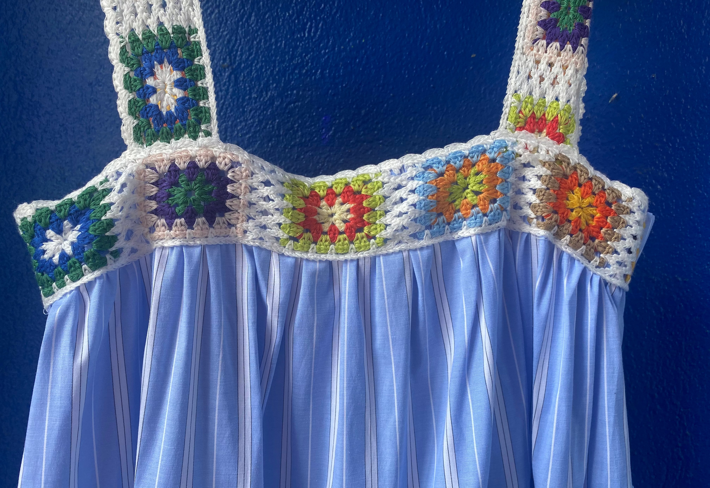 Blue Pinstripe Crochet Strap Maxi Dress