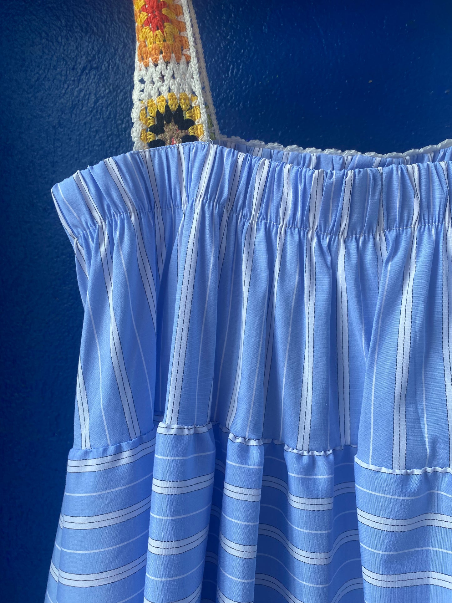 Blue Pinstripe Crochet Strap Maxi Dress