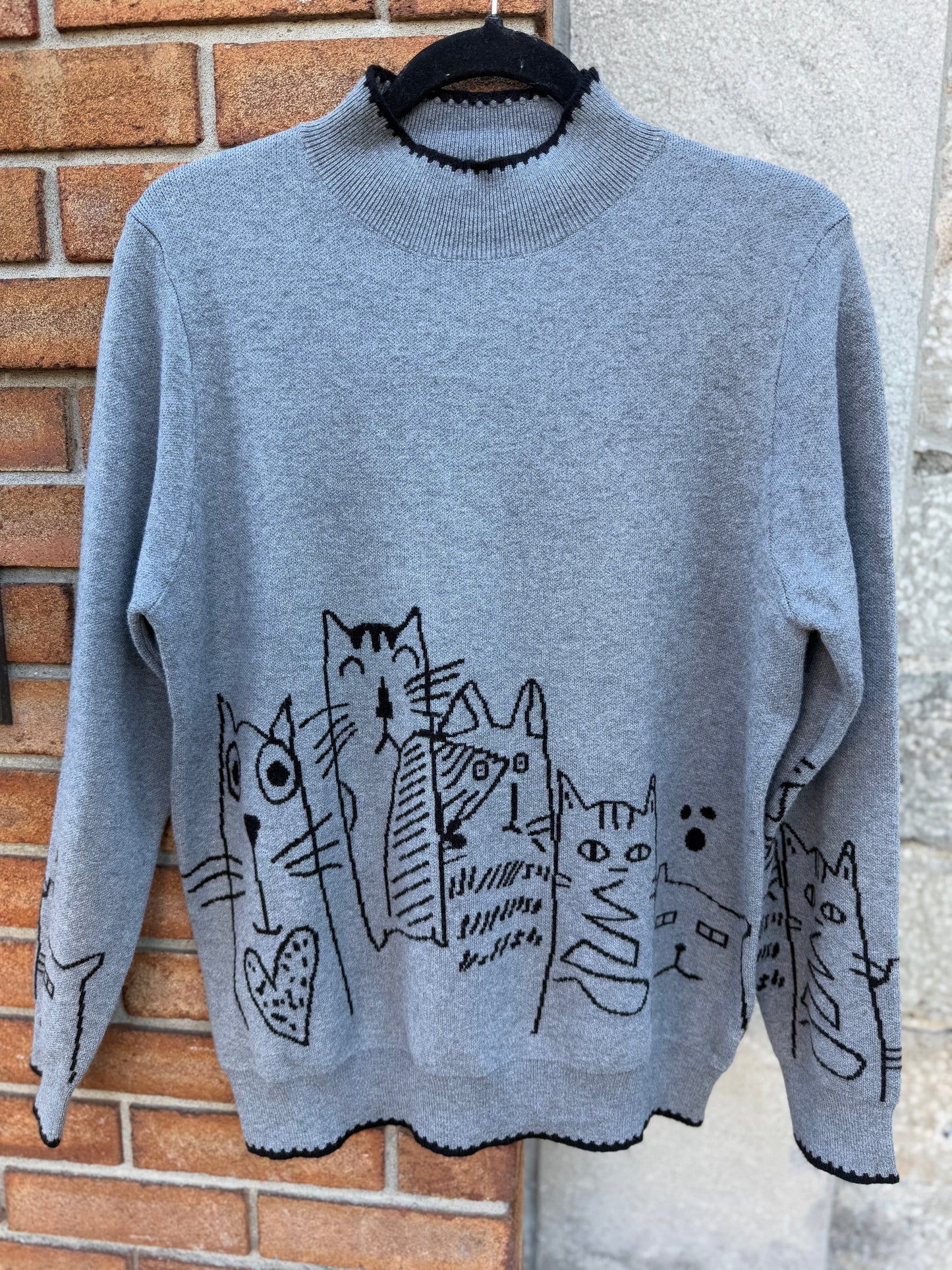 Knit Sweater with Black Trim and Cats- Charcoal Grey