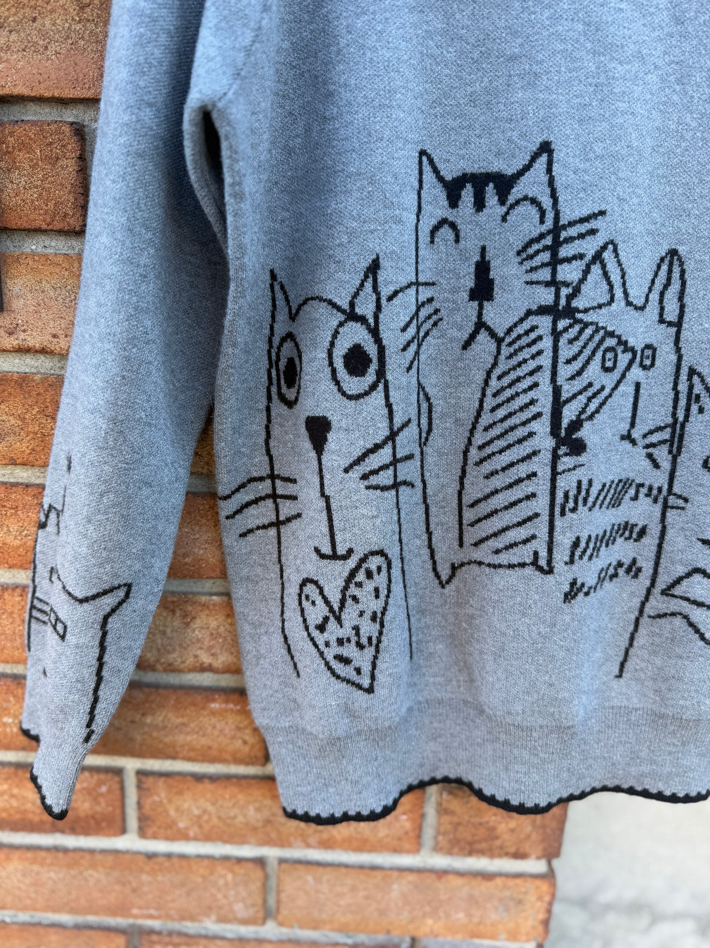 Knit Sweater with Black Trim and Cats- Charcoal Grey