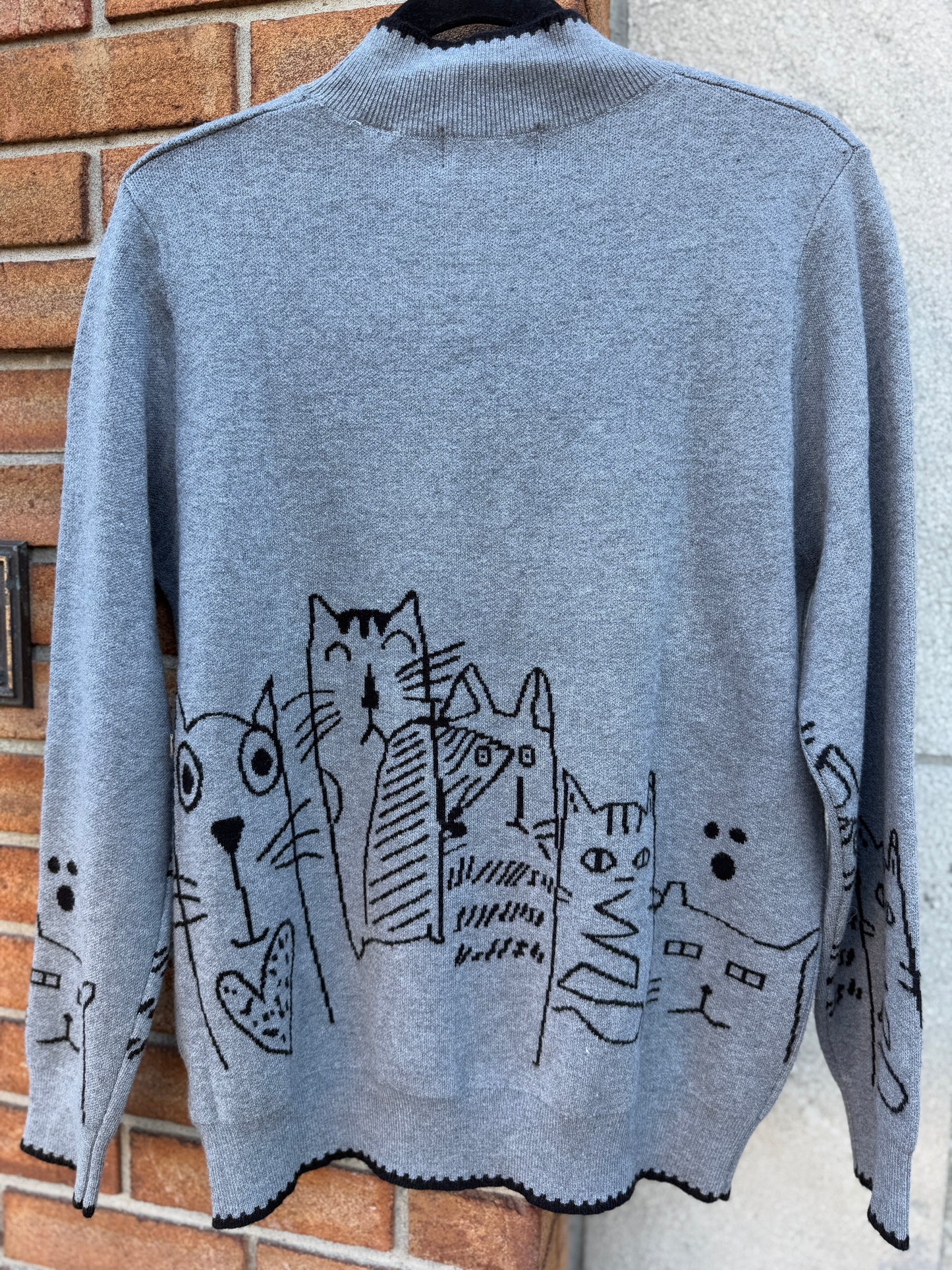 Knit Sweater with Black Trim and Cats- Charcoal Grey