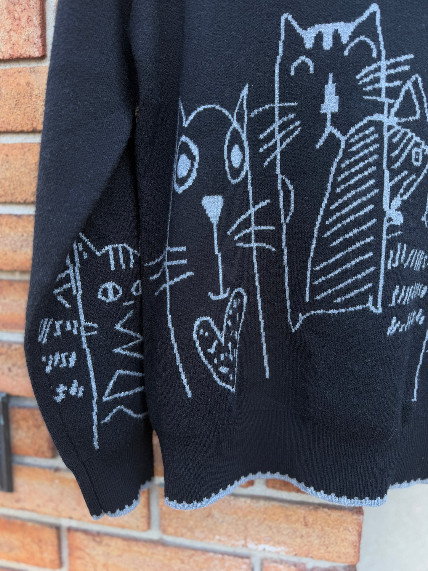 Knit Sweater with Black Trim and Cats- Black and Grey