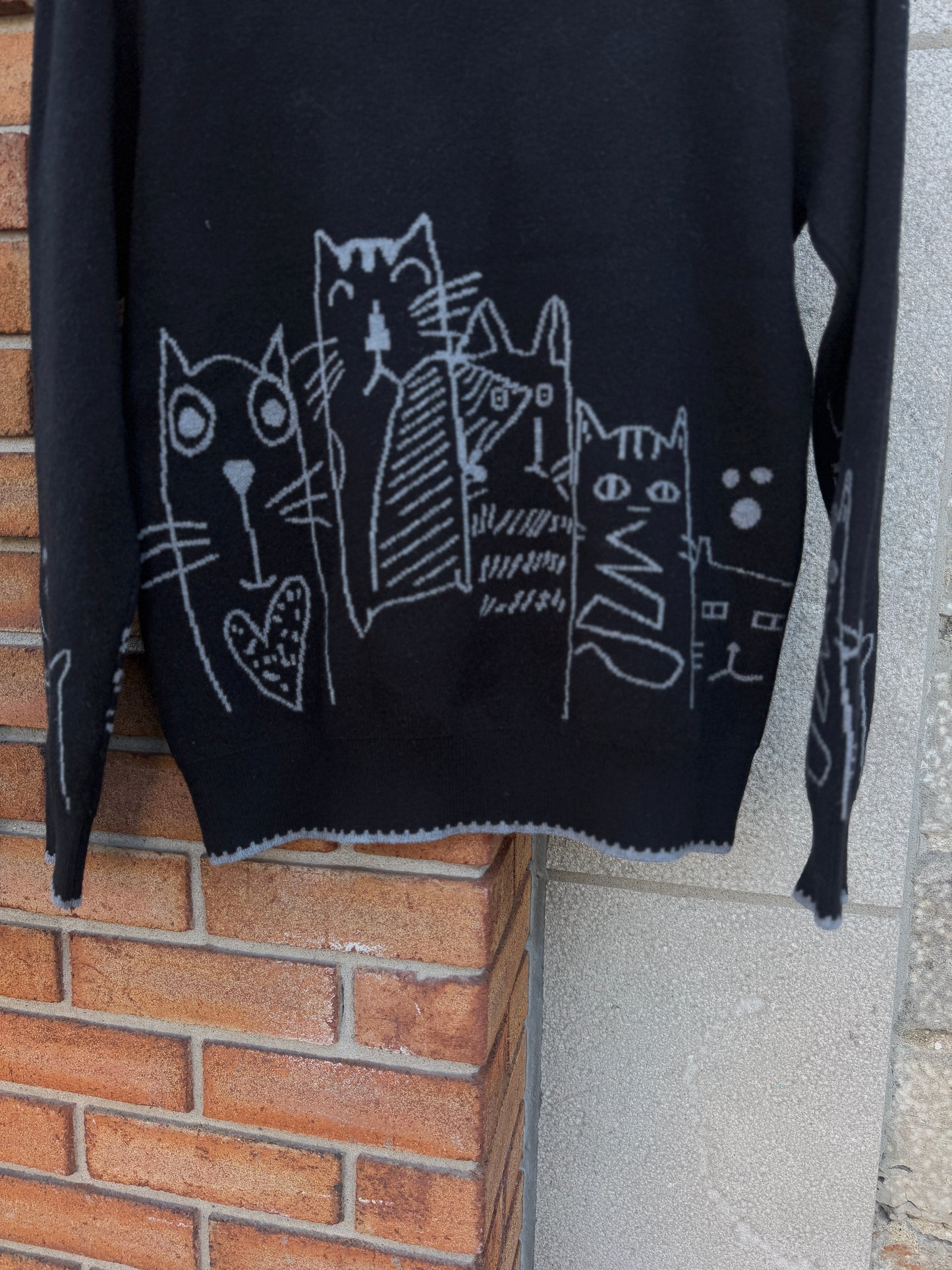 Knit Sweater with Black Trim and Cats- Black and Grey