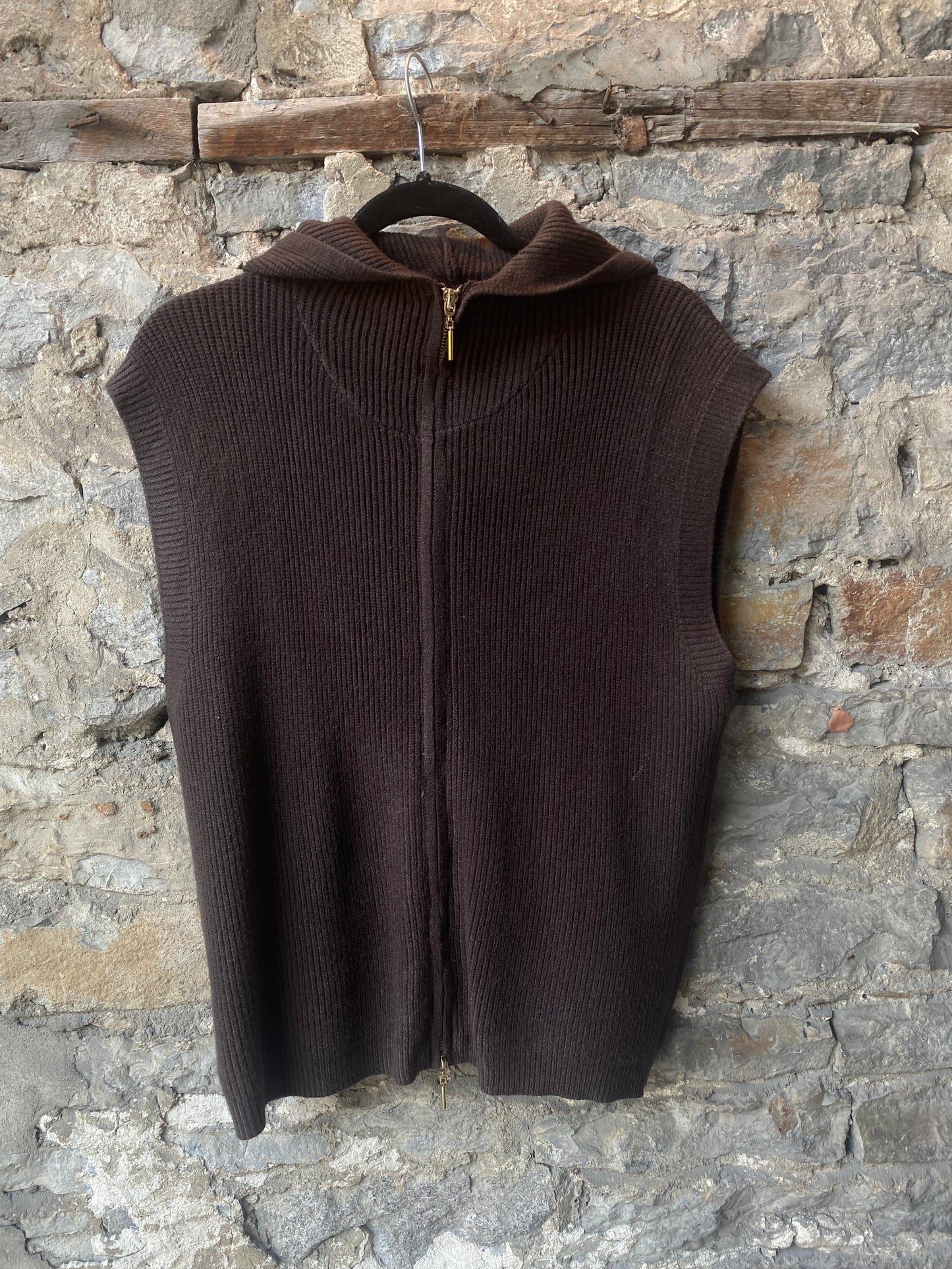 Knit Zip-up Hoody Vest -Brown