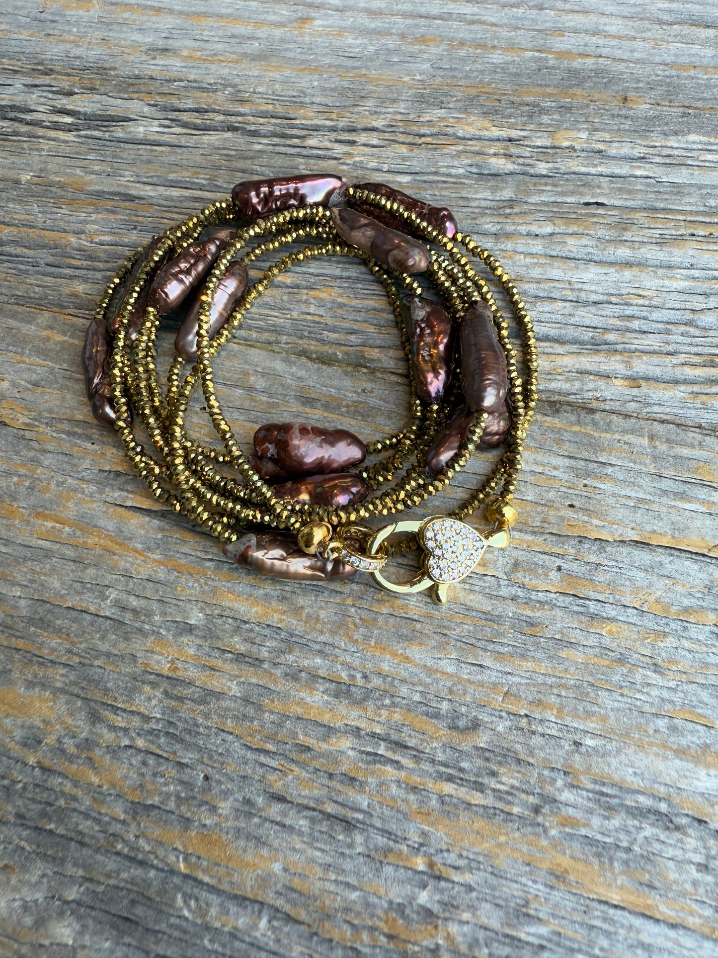 24" Long Brown Pearl and Bronze Versatile Necklace with Gold Clasp