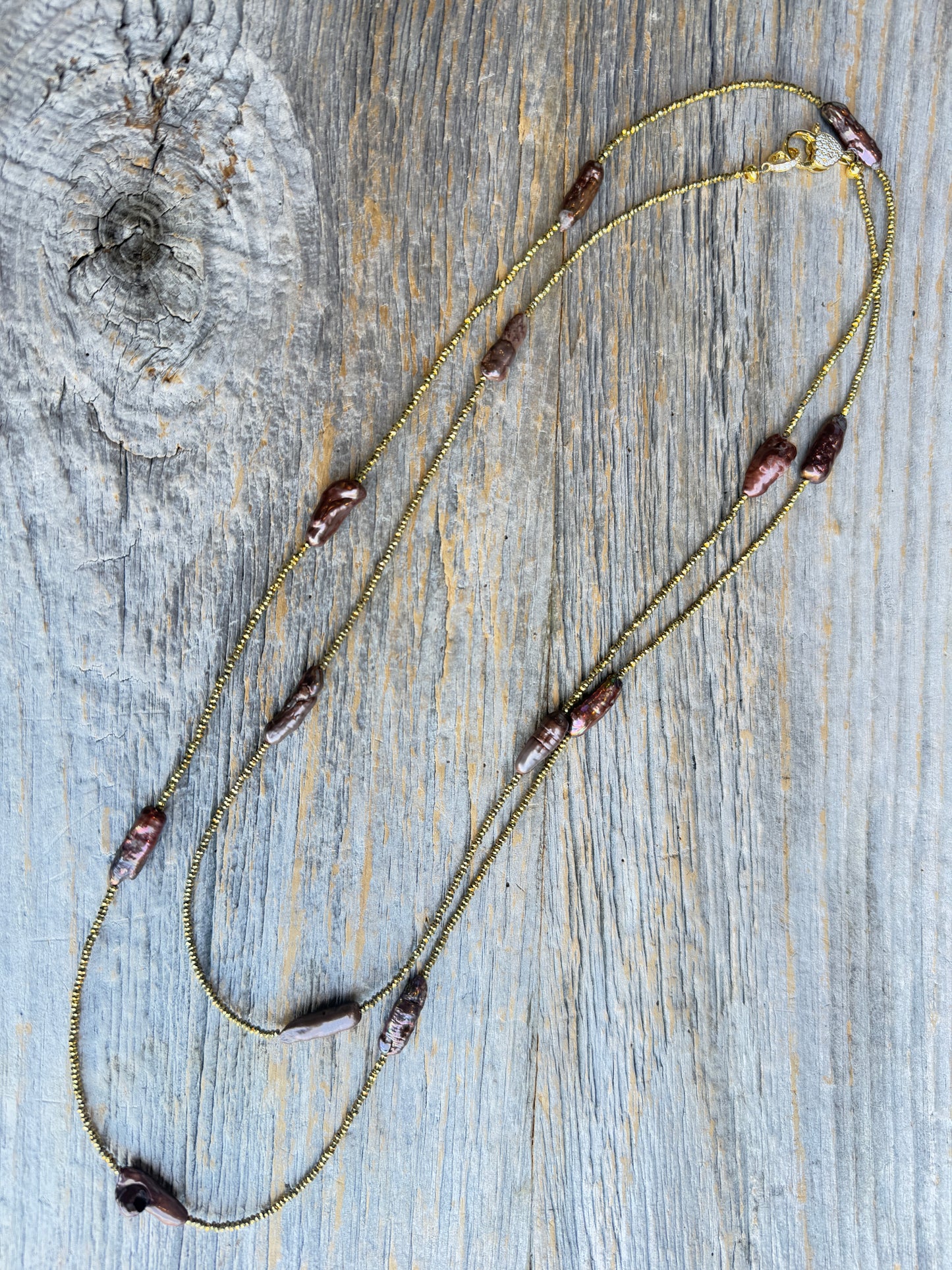 24" Long Brown Pearl and Bronze Versatile Necklace with Gold Clasp