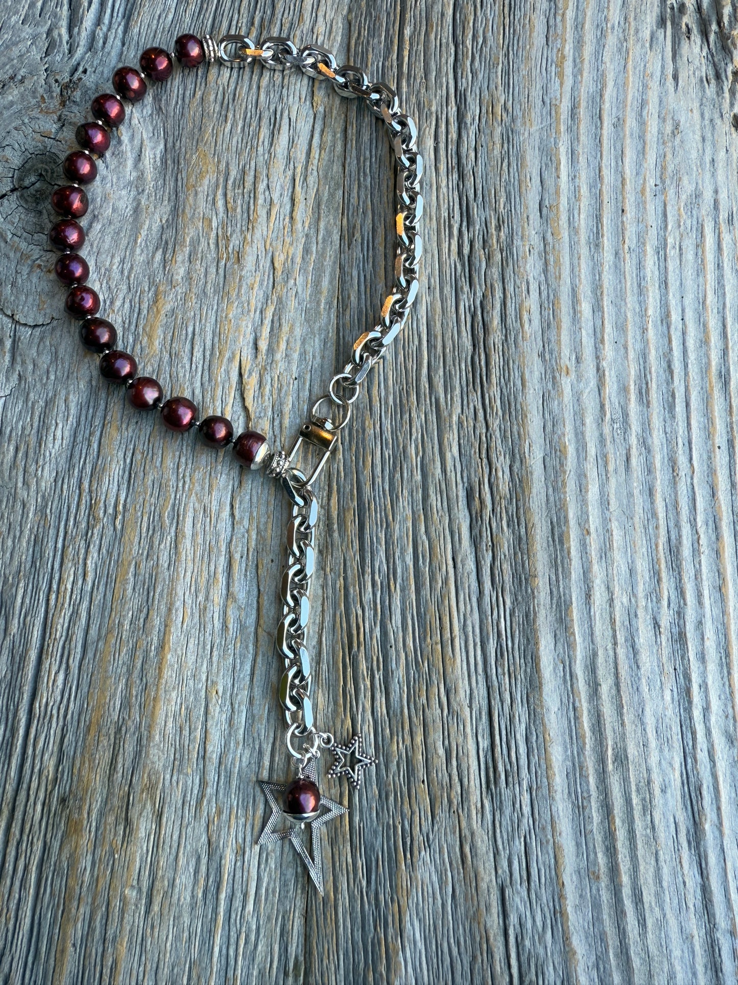 19" Burgundy Fresh Water Pearl with Chunky Silver Chain