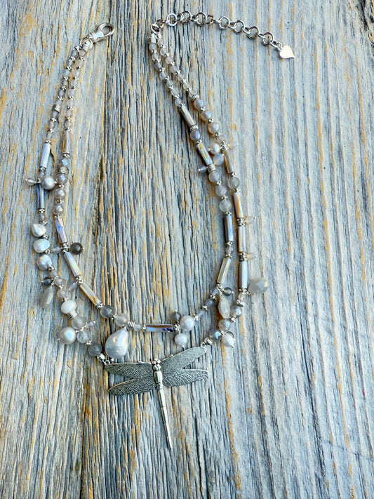 16" Semi Precious Double Strand Silver Grey and Pearl Necklace with Dragon Fly Pendant